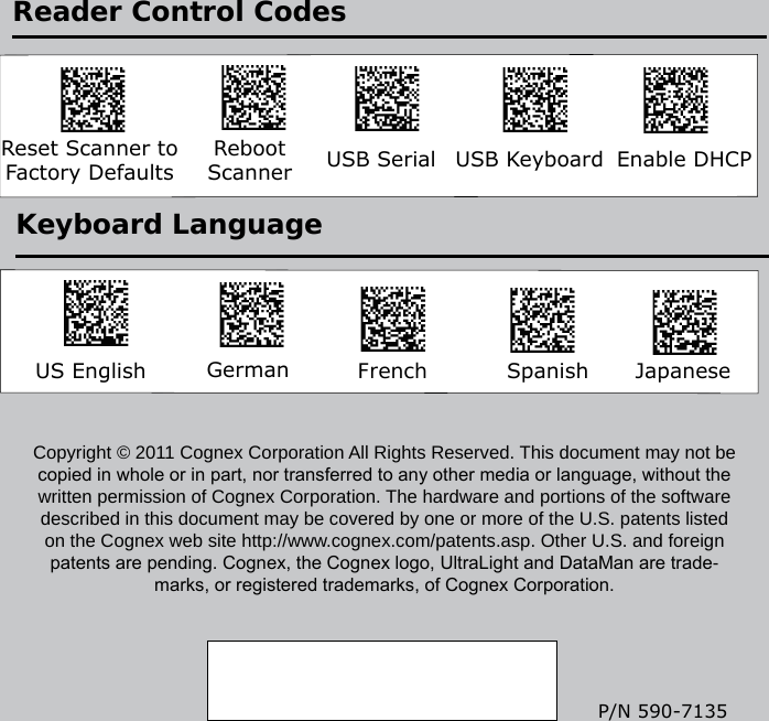 P/N 590-7135Copyright © 2011 Cognex Corporation All Rights Reserved. This document may not be copied in whole or in part, nor transferred to any other media or language, without the written permission of Cognex Corporation. The hardware and portions of the software described in this document may be covered by one or more of the U.S. patents listed on the Cognex web site http://www.cognex.com/patents.asp. Other U.S. and foreign patents are pending. Cognex, the Cognex logo, UltraLight and DataMan are trade-marks, or registered trademarks, of Cognex Corporation. Reader Control CodesReset Scanner to Factory Defaults  USB KeyboardUSB SerialReboot ScannerUS English German French Spanish JapaneseKeyboard LanguageEnable DHCP