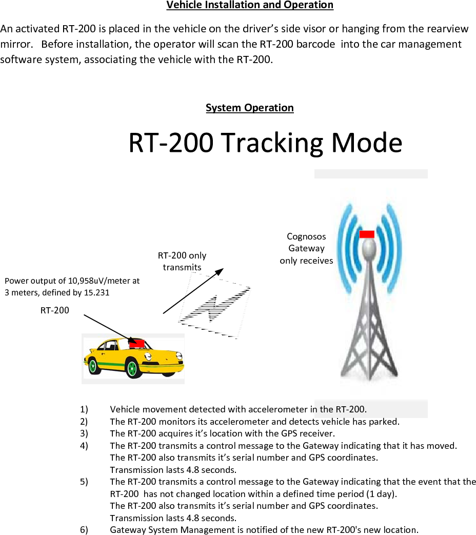VehicleInstallationandOperationAnactivatedRT‐200isplacedinthevehicleonthedriver’ssidevisororhangingfromtherearviewmirror.Beforeinstallation,theoperatorwillscantheRT‐200barcodeintothecarmanagementsoftwaresystem,associatingthevehiclewiththeRT‐200.SystemOperationRT‐2001) VehiclemovementdetectedwithaccelerometerintheRT‐200.2) TheRT‐200monitorsitsaccelerometeranddetectsvehiclehasparked.3) TheRT‐200acquiresit’slocationwiththeGPSreceiver.4) TheRT‐200transmitsacontrolmessagetotheGatewayindicatingthatithasmoved.TheRT‐200alsotransmitsit’sserialnumberandGPScoordinates.Transmissionlasts4.8seconds.5) TheRT‐200transmitsacontrolmessagetotheGatewayindicatingthattheeventthattheRT‐200hasnotchangedlocationwithinadefinedtimeperiod(1day).TheRT‐200alsotransmitsit’sserialnumberandGPScoordinates.Transmissionlasts4.8seconds.6) GatewaySystemManagementisnotifiedofthenewRT‐200&apos;snewlocation.RT‐200onlytransmitsCognososGatewayonlyreceivesPoweroutputof10,958uV/meterat3meters,definedby15.231
