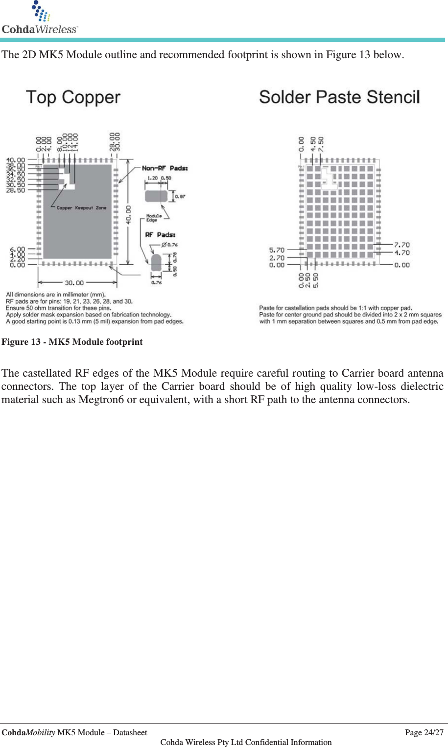   CohdaMobility MK5 Module – Datasheet    Page 24/27   Cohda Wireless Pty Ltd Confidential Information The 2D MK5 Module outline and recommended footprint is shown in Figure 13 below.    Figure 13 - MK5 Module footprint  The castellated RF edges of the MK5 Module require careful routing to Carrier board antenna connectors. The top layer of the Carrier board should be of high quality low-loss dielectric material such as Megtron6 or equivalent, with a short RF path to the antenna connectors.  