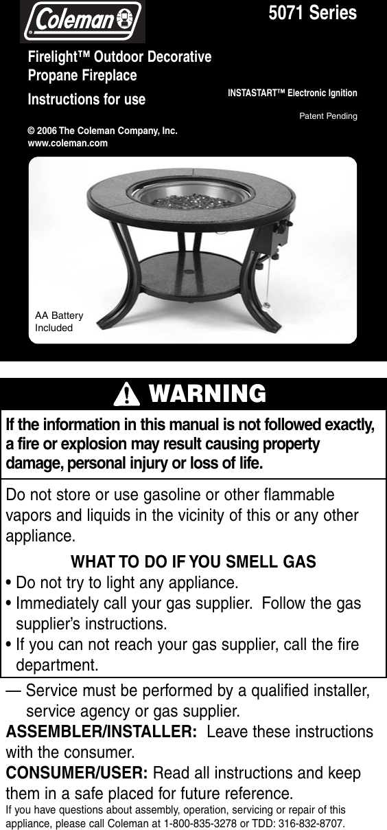 Page 1 of 12 - Coleman Coleman-5071-Series-Users-Manual- 5071 Series - Firelight Outdoor Decorative Propane Fireplace  Coleman-5071-series-users-manual