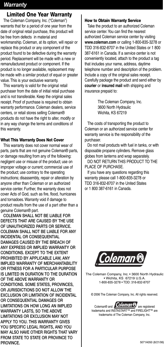 Page 12 of 12 - Coleman Coleman-5071-Series-Users-Manual- 5071 Series - Firelight Outdoor Decorative Propane Fireplace  Coleman-5071-series-users-manual