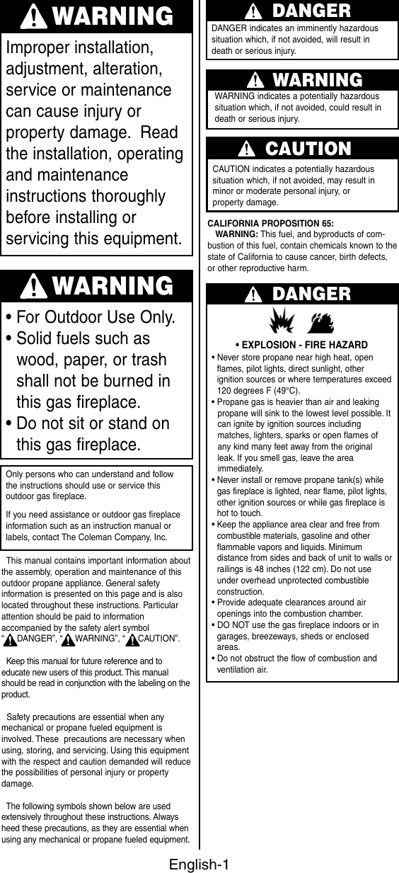 Page 2 of 12 - Coleman Coleman-5071-Series-Users-Manual- 5071 Series - Firelight Outdoor Decorative Propane Fireplace  Coleman-5071-series-users-manual