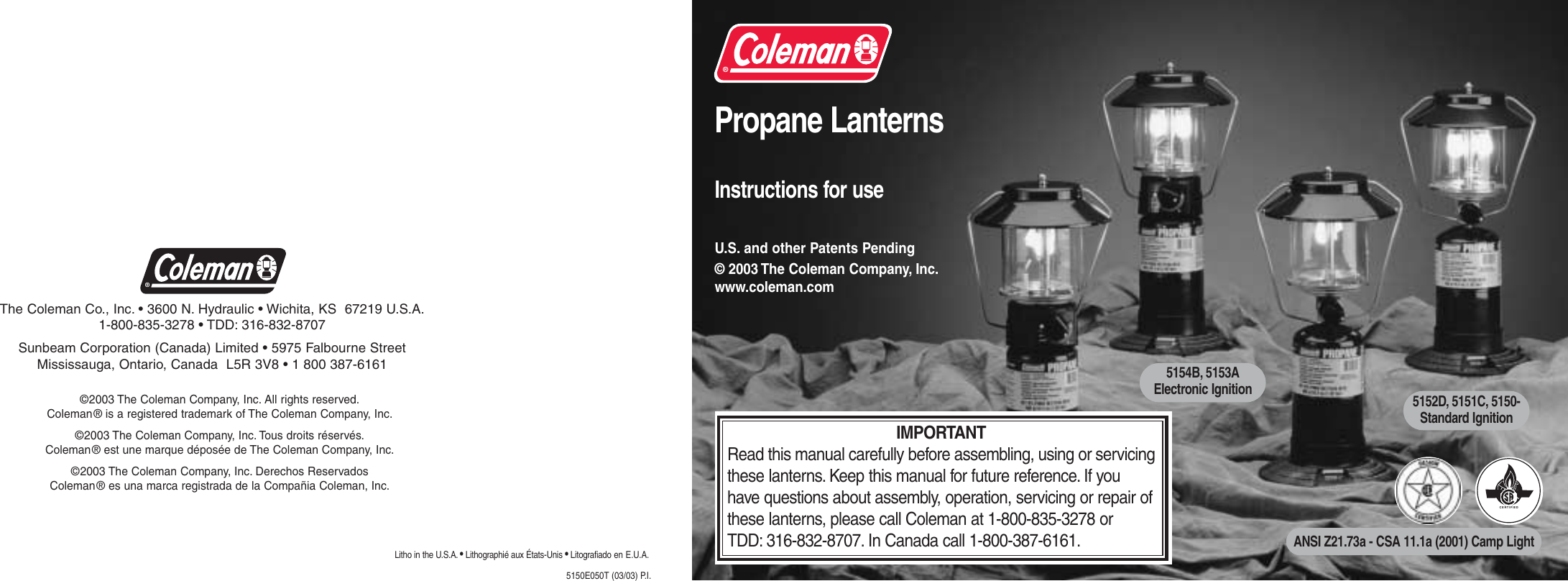Coleman 5151C Users Manual 5154B, 5153A, 5152D, 5151C, 5150 Propane