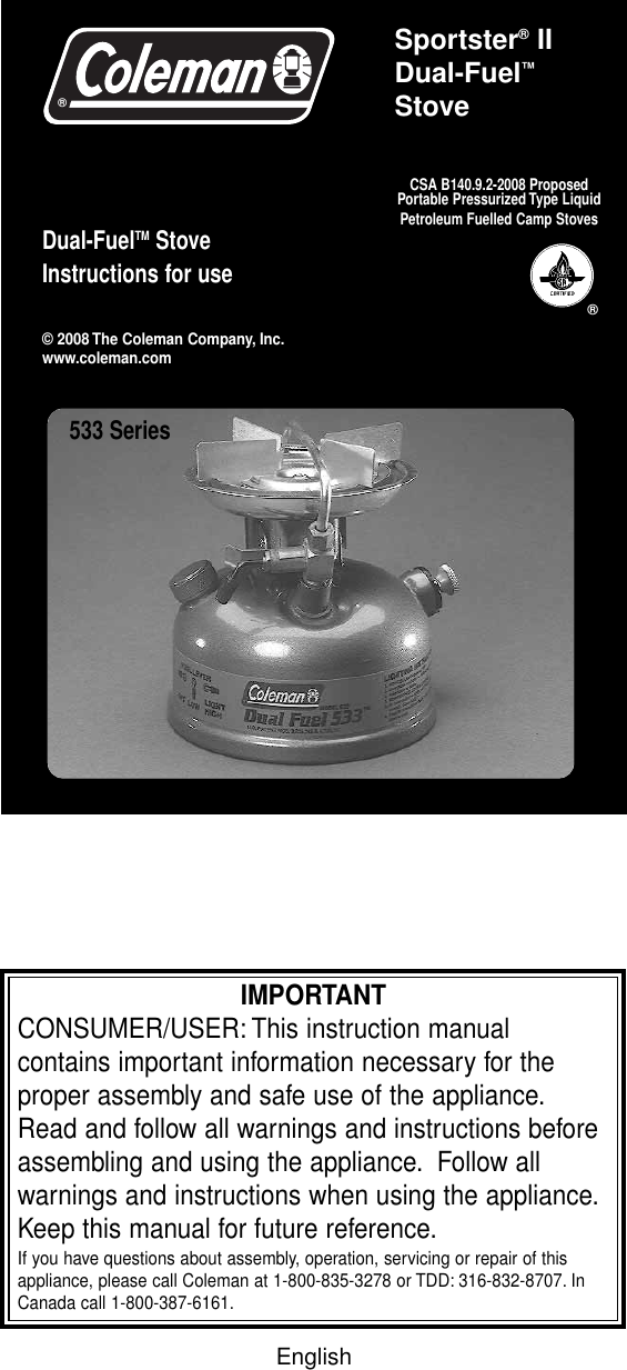 Page 1 of 12 - Coleman Coleman-533-Series-Users-Manual- 533 Series - Sportster II Dual Fuel Stove  Coleman-533-series-users-manual