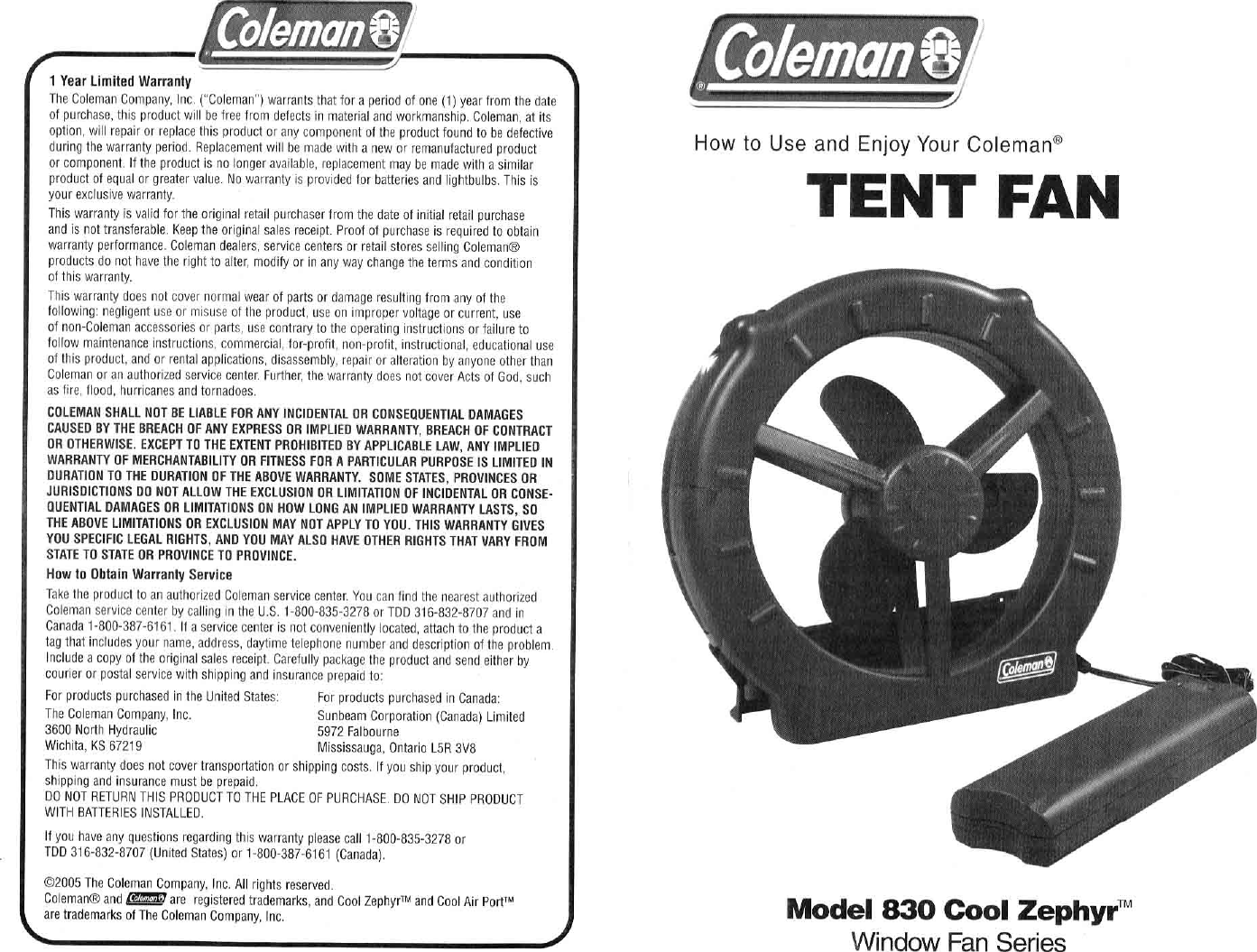 Page 1 of 2 - Coleman Coleman-830-Users-Manual- 830-540 Cool Zephyr Tent Fan  Coleman-830-users-manual