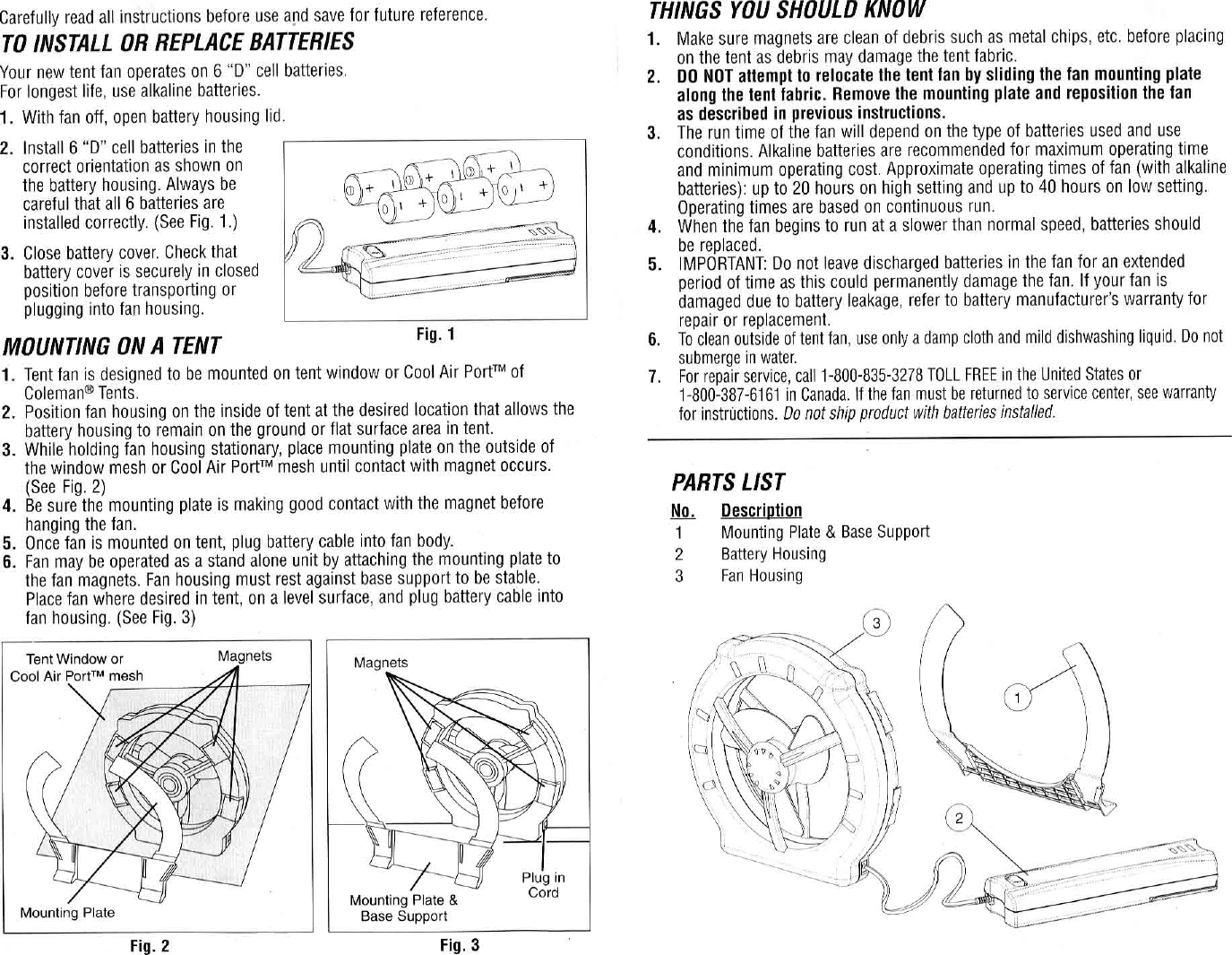 Page 2 of 2 - Coleman Coleman-830-Users-Manual- 830-540 Cool Zephyr Tent Fan  Coleman-830-users-manual