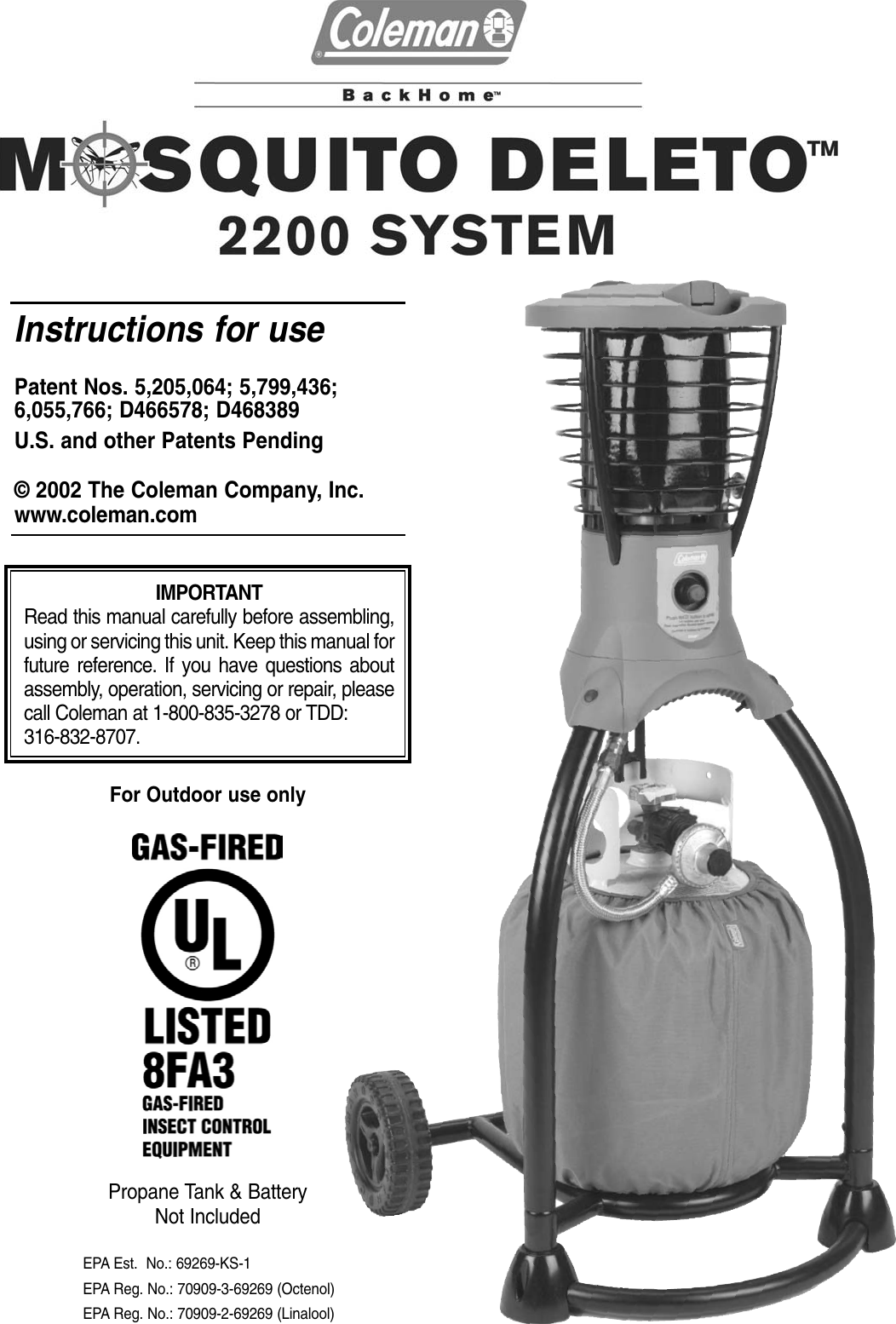 Page 1 of 12 - Coleman Coleman-8Fa3-Users-Manual- 2910A100 - Mosquito Deleto™  Coleman-8fa3-users-manual