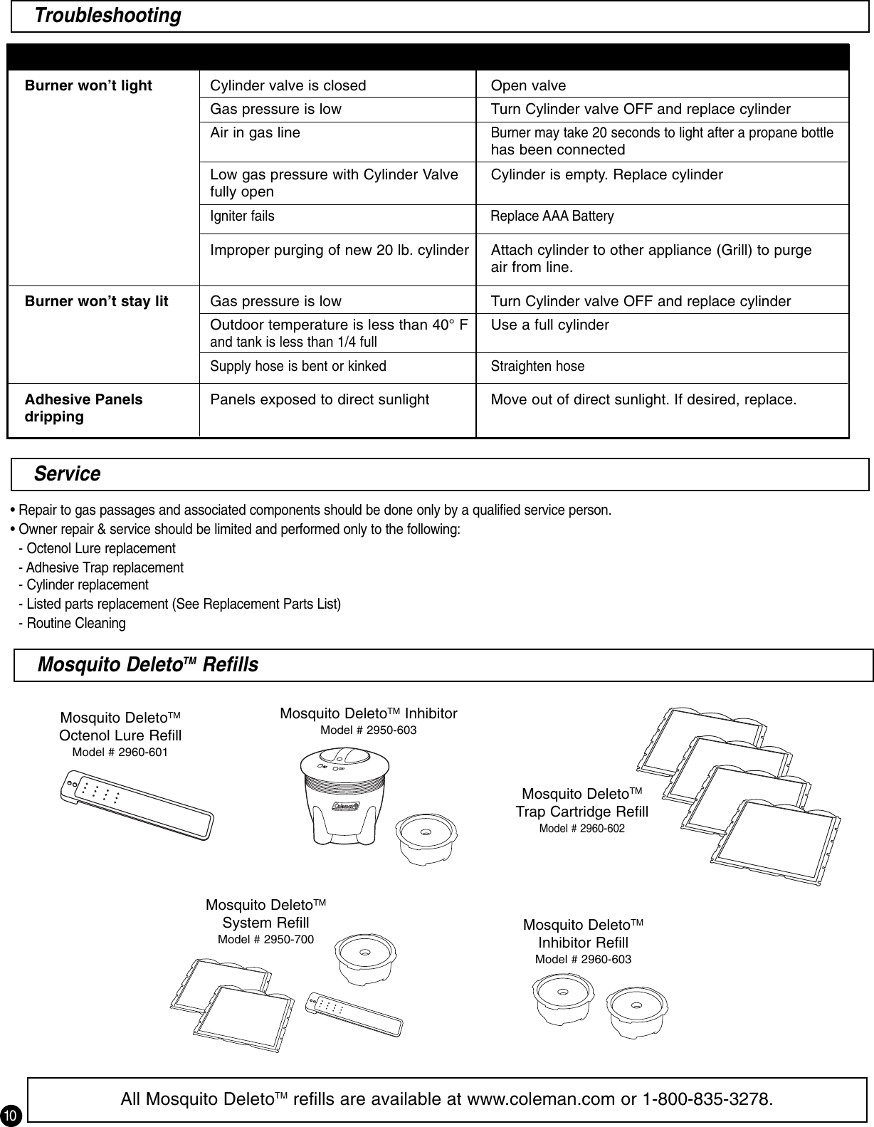 Page 10 of 12 - Coleman Coleman-8Fa3-Users-Manual- 2910A100 - Mosquito Deleto™  Coleman-8fa3-users-manual