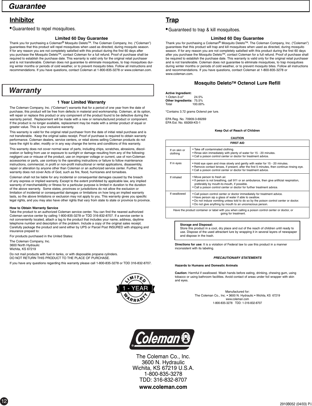 Page 12 of 12 - Coleman Coleman-8Fa3-Users-Manual- 2910A100 - Mosquito Deleto™  Coleman-8fa3-users-manual