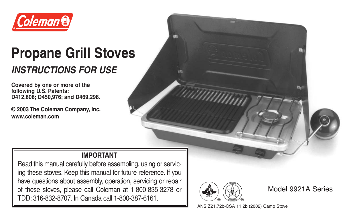 Coleman 9921A Users Manual Propane Grill Stove