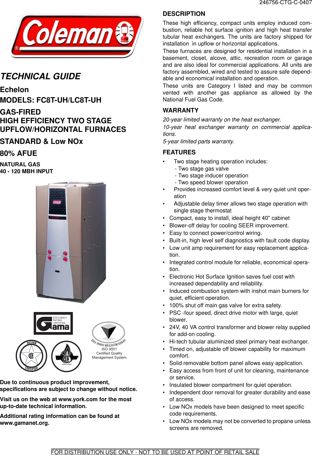 Page 1 of 8 - Coleman Coleman-Gas-Fired-High-Efficiency-Two-Stage-Upflow-Horizontal-Furnaces-Fc8T-Uh-Users-Manual- 246755-YTG-D-0407  Coleman-gas-fired-high-efficiency-two-stage-upflow-horizontal-furnaces-fc8t-uh-users-manual