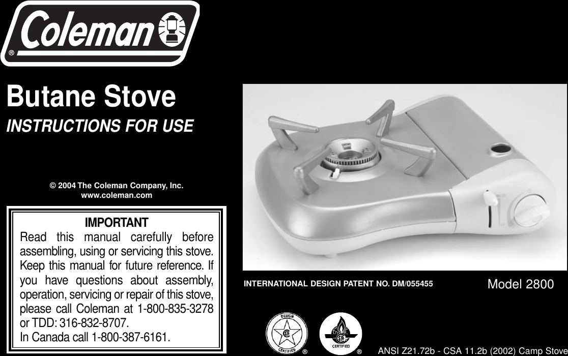 Coleman 2800 Users Manual Series Butane Stove