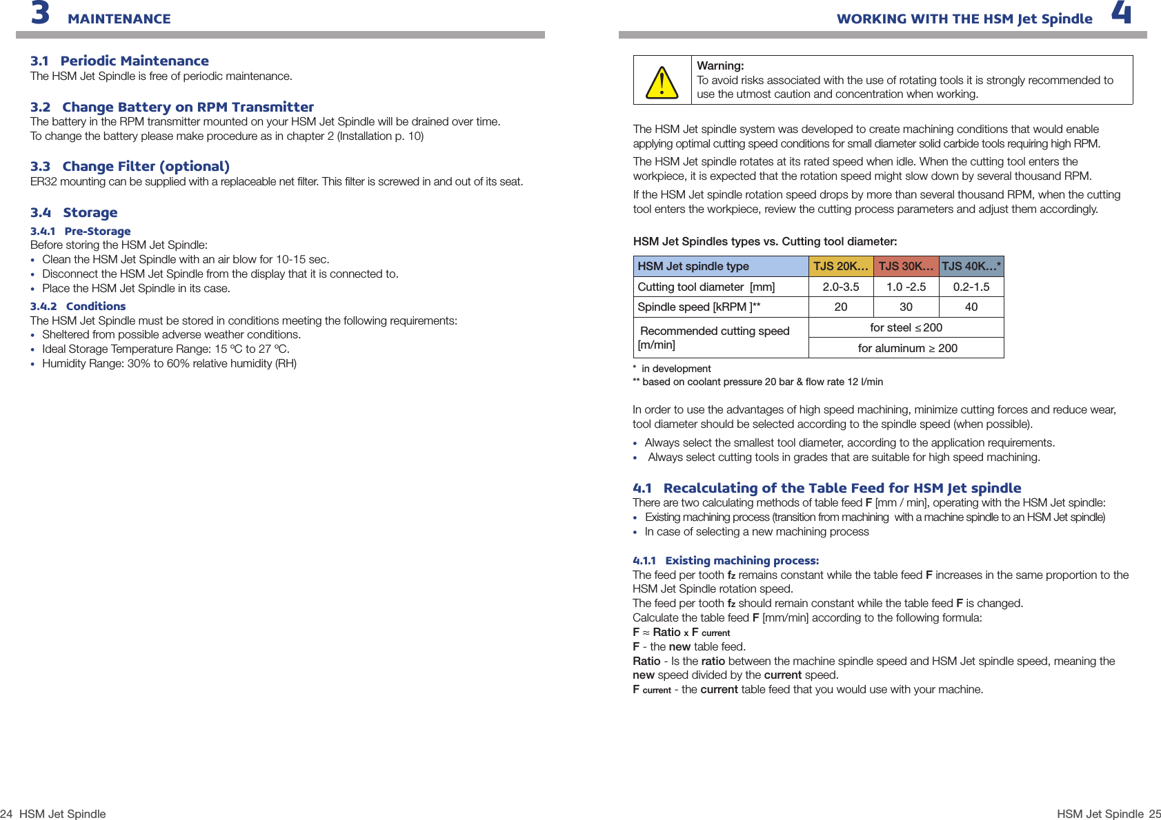 24 25HSM Jet SpindleHSM Jet Spindle3.1   Periodic MaintenanceThe HSM Jet Spindle is free of periodic maintenance.3.2   Change Battery on RPM TransmitterThe battery in the RPM transmitter mounted on your HSM Jet Spindle will be drained over time.To change the battery please make procedure as in chapter 2 (Installation p. 10)3.3   Change Filter (optional)ER32 mounting can be supplied with a replaceable net ﬁlter. This ﬁlter is screwed in and out of its seat.3.4   Storage 3.4.1   Pre-StorageBefore storing the HSM Jet Spindle:•  Clean the HSM Jet Spindle with an air blow for 10-15 sec.•  Disconnect the HSM Jet Spindle from the display that it is connected to.•  Place the HSM Jet Spindle in its case.3.4.2   ConditionsThe HSM Jet Spindle must be stored in conditions meeting the following requirements:•  Sheltered from possible adverse weather conditions.•  Ideal Storage Temperature Range: 15 ºC to 27 ºC.•  Humidity Range: 30% to 60% relative humidity (RH)3   MAINTENANCE WORKING WITH THE HSM Jet Spindle   4Warning:To avoid risks associated with the use of rotating tools it is strongly recommended to use the utmost caution and concentration when working.!The HSM Jet spindle system was developed to create machining conditions that would enable applying optimal cutting speed conditions for small diameter solid carbide tools requiring high RPM.The HSM Jet spindle rotates at its rated speed when idle. When the cutting tool enters the workpiece, it is expected that the rotation speed might slow down by several thousand RPM. If the HSM Jet spindle rotation speed drops by more than several thousand RPM, when the cutting tool enters the workpiece, review the cutting process parameters and adjust them accordingly.HSM Jet Spindles types vs. Cutting tool diameter:  HSM Jet spindle type TJS 20K… TJS 30K… TJS 40K…*Cutting tool diameter  [mm] 2.0-3.5 1.0 -2.5 0.2-1.5Spindle speed [kRPM ]** 20 30 40 Recommended cutting speed [m/min]for steel ≤ 200 for aluminum ≥ 200*  in development** based on coolant pressure 20 bar &amp; ﬂow rate 12 l/minIn order to use the advantages of high speed machining, minimize cutting forces and reduce wear, tool diameter should be selected according to the spindle speed (when possible).•  Always select the smallest tool diameter, according to the application requirements.•   Always select cutting tools in grades that are suitable for high speed machining.4.1   Recalculating of the Table Feed for HSM Jet spindleThere are two calculating methods of table feed F [mm / min], operating with the HSM Jet spindle:•  Existing machining process (transition from machining  with a machine spindle to an HSM Jet spindle)•  In case of selecting a new machining process4.1.1   Existing machining process:The feed per tooth fz remains constant while the table feed F increases in the same proportion to the HSM Jet Spindle rotation speed.The feed per tooth fz should remain constant while the table feed F is changed.Calculate the table feed F [mm/min] according to the following formula:F ≈ Ratio x F currentF - the new table feed.Ratio - Is the ratio between the machine spindle speed and HSM Jet spindle speed, meaning the new speed divided by the current speed.F current - the current table feed that you would use with your machine.