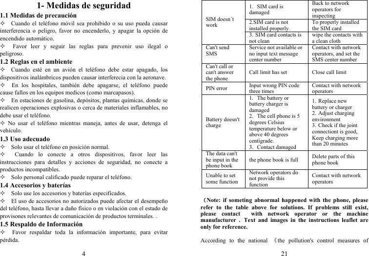 4 1- Medidas de seguridad 1.1 Medidas de precaución   Cuando el teléfono móvil sea prohibido o su uso pueda causar interferencia o peligro, favor no encenderlo, y apagar la opción de encendido automático.   Favor leer y seguir las reglas para prevenir uso ilegal o peligroso. 1.2 Reglas en el ambiente   Cuando esté en un avión el teléfono debe estar apagado, los dispositivos inalámbricos pueden causar interferecia con la aeronave.   En los hospitales, también debe apagarse, el teléfono puede cause fallos en los equipos medicos (como marcapasos).     En estaciones de gasolina, depósitos, plantas químicas, donde se realicen operaciones explosivas o cerca de materiales inflamables, no debe usar el teléfono.  No usar el teléfono mientras maneja, antes de usar, detenga el vehículo. 1.3 Uso adecuado     Solo usar el teléfono en posición normal.   Cuando lo conecte a otros dispositivos, favor leer las instrucciones para detalles y acciones de seguridad, no conecte a productos incompatibles.   Solo personal calificado puede reparar el teléfono. 1.4 Accesorios y baterías     Solo use los accesorios y baterías especificados.     El uso de accesorios no autorizados puede afectar el desempeño del teléfono, hasta llevar a daño físico o en violación con el estado de provisones relevantes de comunicación de productos terminales. . 1.5 Respaldo de Información   Favor respaldar toda la información importante, para evitar pérdida. 21 SIM doesn´t work 1. SIM card is damaged Back to network operators for inspecting2.SIM card is not   installed properly.  To properly installed the SIM card 3. SIM card contacts is not cleanwipe the contacts with a clean clothCan&apos;t send SMS  Service not available or no input text message center numberContact with network operators, and set the SMS center numberCan&apos;t call or can&apos;t answer the phone Call limit has set  Close call limit PIN error  Input wrong PIN code three times  Contact with network operators Battery doesn&apos;t charge 1. The battery or battery charger is damaged 2. The cell phone is 5 degrees Celsius temperature below or above 40 degrees centigrade. 3. Contact damaged 1. Replace new battery or charger 2. Adjust charging environment 3. Check if the joint connectiont is good, Keep charging more than 20 minutes The data can&apos;t be input in the phone book  the phone book is full  Delete parts of this phone book Unable to set some function Network operators do not provide this function Contact with network operators  （Note: if someting abnormal happened with the phone, please refer to the table above for solutions. If problems still exist, please contact  with network operator or the machine manufacturer . Text and images in the instructions leaflet are only for reference.  According to the national 《the pollution&apos;s control measures of 