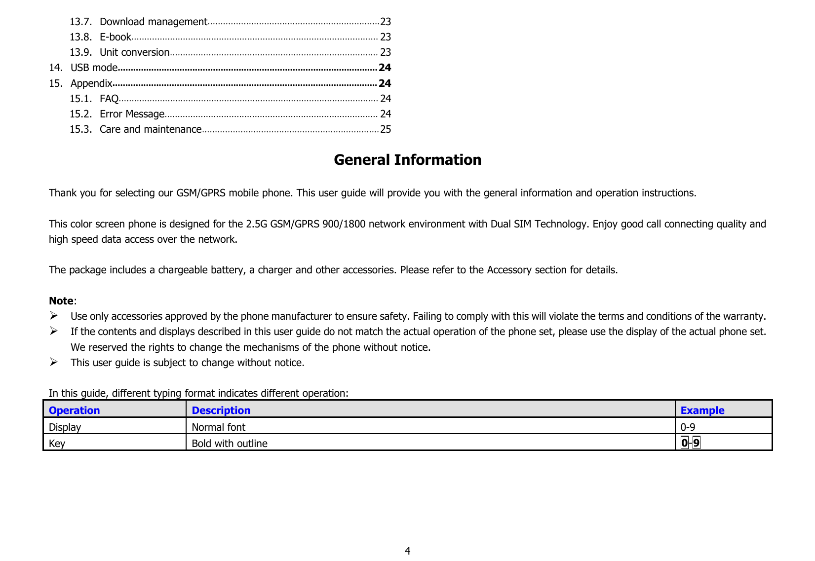 413.7. Download management...................................................................2313.8. E-book................................................................................................ 2313.9. Unit conversion................................................................................. 2314. USB mode.....................................................................................................2415. Appendix....................................................................................................... 2415.1. FAQ..................................................................................................... 2415.2. Error Message................................................................................... 2415.3. Care and maintenance..................................................................... 25General InformationThank you for selecting our GSM/GPRS mobile phone. This user guide will provide you with the general information and operation instructions.This color screen phone is designed for the 2.5G GSM/GPRS 900/1800 network environment with Dual SIM Technology. Enjoy good call connecting quality andhigh speed data access over the network.The package includes a chargeable battery, a charger and other accessories. Please refer to the Accessory section for details.Note:Use only accessories approved by the phone manufacturer to ensure safety. Failing to comply with this will violate the terms and conditions of the warranty.If the contents and displays described in this user guide do not match the actual operation of the phone set, please use the display of the actual phone set.We reserved the rights to change the mechanisms of the phone without notice.This user guide is subject to change without notice.In this guide, different typing format indicates different operation:OperationDescriptionExampleDisplayNormal font0-9KeyBold with outline0-9