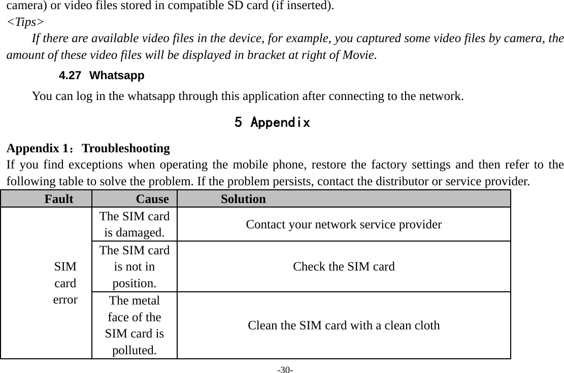 -30- camera) or video files stored in compatible SD card (if inserted). &lt;Tips&gt; If there are available video files in the device, for example, you captured some video files by camera, the amount of these video files will be displayed in bracket at right of Movie. 4.27 Whatsapp You can log in the whatsapp through this application after connecting to the network. 5 Appendix Appendix 1：Troubleshooting If you find exceptions when operating the mobile phone, restore the factory settings and then refer to the following table to solve the problem. If the problem persists, contact the distributor or service provider. Fault  Cause  Solution SIM card error The SIM card is damaged.  Contact your network service provider The SIM card is not in position. Check the SIM card The metal face of the SIM card is polluted. Clean the SIM card with a clean cloth 