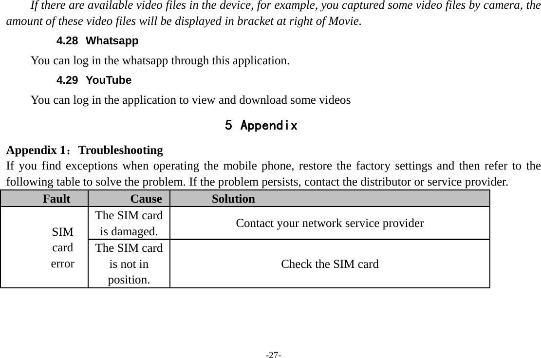 -27- If there are available video files in the device, for example, you captured some video files by camera, the amount of these video files will be displayed in bracket at right of Movie. 4.28 Whatsapp You can log in the whatsapp through this application. 4.29 YouTube You can log in the application to view and download some videos 5 Appendix Appendix 1：Troubleshooting If you find exceptions when operating the mobile phone, restore the factory settings and then refer to the following table to solve the problem. If the problem persists, contact the distributor or service provider. Fault  Cause  Solution SIM card error The SIM card is damaged.  Contact your network service provider The SIM card is not in position. Check the SIM card 