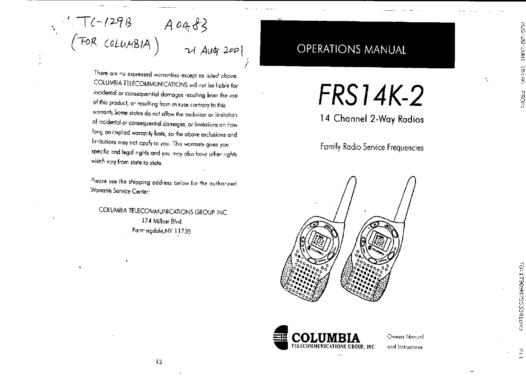 Columbia Group FRS14K Walkie Talkie User Manual Manual 8 29 New