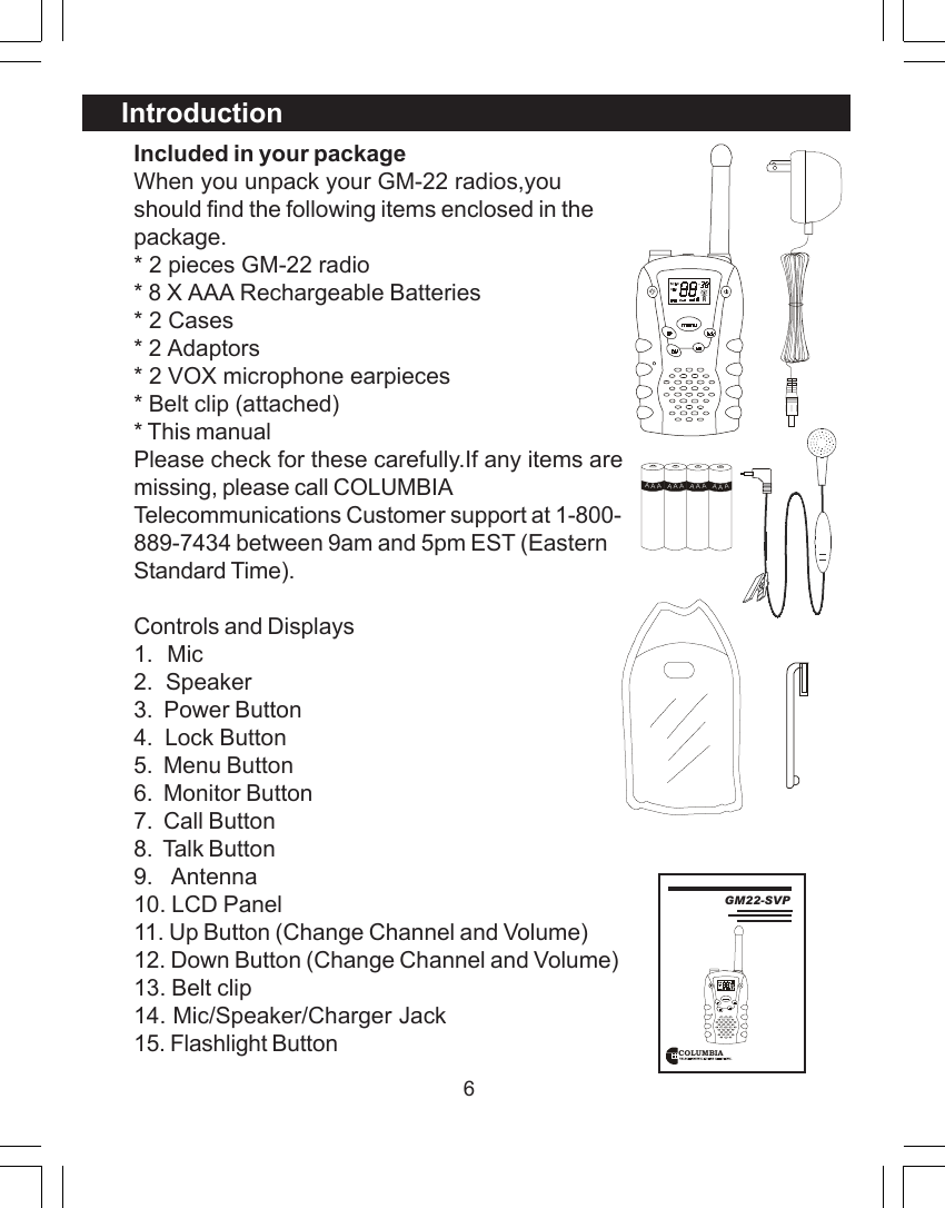 6Included in your packageWhen you unpack your GM-22 radios,youshould find the following items enclosed in thepackage.* 2 pieces GM-22 radio* 8 X AAA Rechargeable Batteries* 2 Cases* 2 Adaptors* 2 VOX microphone earpieces* Belt clip (attached)* This manualPlease check for these carefully.If any items aremissing, please call COLUMBIATelecommunications Customer support at 1-800-889-7434 between 9am and 5pm EST (EasternStandard Time).Controls and Displays1.  Mic2.  Speaker3.  Power Button4.  Lock Button5.  Menu Button6.  Monitor Button7.  Call Button8.  Talk Button9.   Antenna10. LCD Panel11. Up Button (Change Channel and Volume)12. Down Button (Change Channel and Volume)13. Belt clip14. Mic/Speaker/Charger Jack15. Flashlight ButtonIntroductionAAAAAAAAAAAACOLUMBIA GM22-SVP