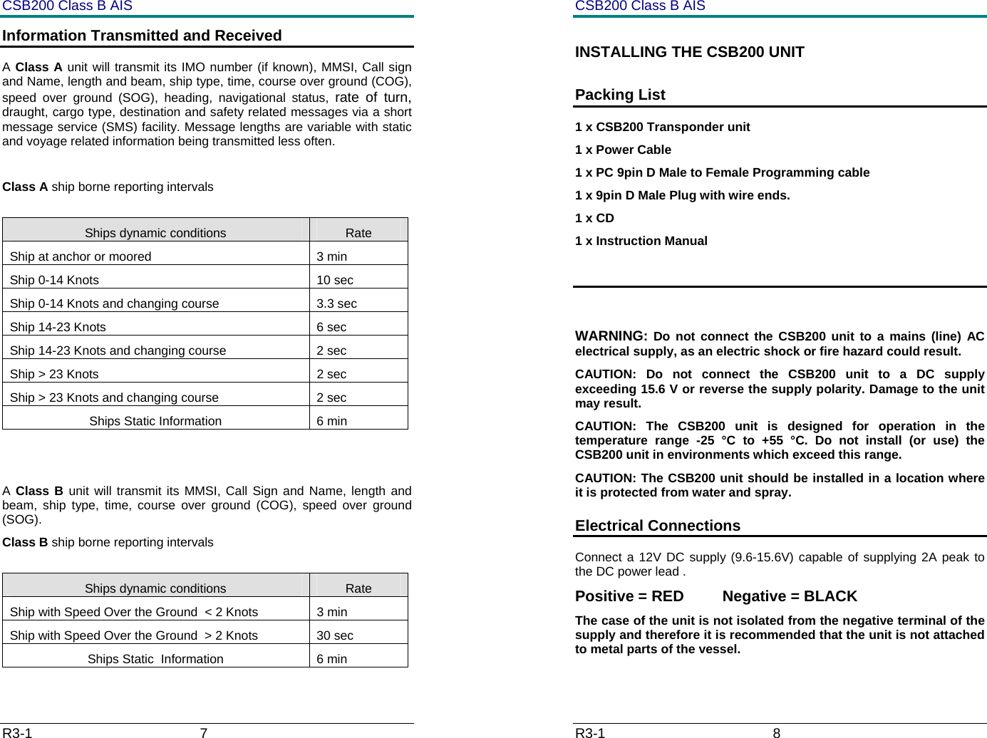 CSB200 Class B AIS R3-1                             7         Information Transmitted and Received A Class A unit will transmit its IMO number (if known), MMSI, Call sign and Name, length and beam, ship type, time, course over ground (COG), speed over ground (SOG), heading, navigational status, rate of turn, draught, cargo type, destination and safety related messages via a short message service (SMS) facility. Message lengths are variable with static and voyage related information being transmitted less often.  Class A ship borne reporting intervals  Ships dynamic conditions  Rate Ship at anchor or moored  3 min Ship 0-14 Knots  10 sec Ship 0-14 Knots and changing course  3.3 sec Ship 14-23 Knots  6 sec Ship 14-23 Knots and changing course  2 sec Ship > 23 Knots  2 sec Ship > 23 Knots and changing course  2 sec Ships Static Information  6 min   A Class B unit will transmit its MMSI, Call Sign and Name, length and beam, ship type, time, course over ground (COG), speed over ground (SOG). Class B ship borne reporting intervals  Ships dynamic conditions  Rate Ship with Speed Over the Ground  < 2 Knots  3 min Ship with Speed Over the Ground  > 2 Knots  30 sec Ships Static  Information  6 min CSB200 Class B AIS R3-1                             8         INSTALLING THE CSB200 UNIT Packing List 1 x CSB200 Transponder unit 1 x Power Cable 1 x PC 9pin D Male to Female Programming cable 1 x 9pin D Male Plug with wire ends. 1 x CD 1 x Instruction Manual   WARNING: Do not connect the CSB200 unit to a mains (line) AC electrical supply, as an electric shock or fire hazard could result. CAUTION: Do not connect the CSB200 unit to a DC supply exceeding 15.6 V or reverse the supply polarity. Damage to the unit may result. CAUTION: The CSB200 unit is designed for operation in the temperature range -25 &deg;C to +55 &deg;C. Do not install (or use) the CSB200 unit in environments which exceed this range. CAUTION: The CSB200 unit should be installed in a location where it is protected from water and spray. Electrical Connections  Connect a 12V DC supply (9.6-15.6V) capable of supplying 2A peak to the DC power lead . Positive = RED         Negative = BLACK  The case of the unit is not isolated from the negative terminal of the supply and therefore it is recommended that the unit is not attached to metal parts of the vessel.   