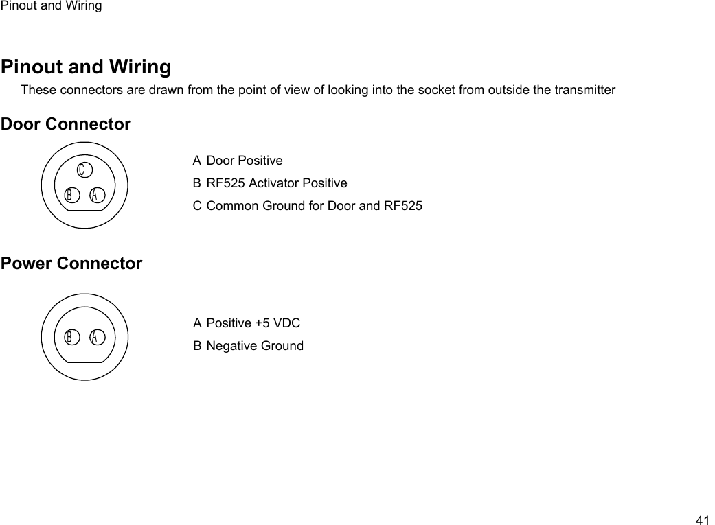 Pinout and WiringPinout and WiringThese connectors are drawn from the point of view of looking into the socket from outside the transmitterDoor ConnectorA Door PositiveB RF525 Activator PositiveC Common Ground for Door and RF525Power ConnectorA Positive +5 VDCB Negative Ground41ACBAB