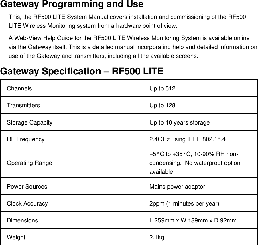 Gateway Programming and UseThis, the RF500 LITE System Manual covers installation and commissioning of the RF500 LITE Wireless Monitoring system from a hardware point of view.A Web-View Help Guide for the RF500 LITE Wireless Monitoring System is available online via the Gateway itself. This is a detailed manual incorporating help and detailed information on use of the Gateway and transmitters, including all the available screens.Gateway Specification &ndash; RF500 LITEChannels Up to 512Transmitters Up to 128Storage Capacity Up to 10 years storageRF Frequency 2.4GHz using IEEE 802.15.4Operating Range +5&deg;C to +35&deg;C, 10-90% RH non-condensing.  No waterproof option available.Power Sources Mains power adaptorClock Accuracy 2ppm (1 minutes per year)Dimensions L 259mm x W 189mm x D 92mmWeight 2.1kg