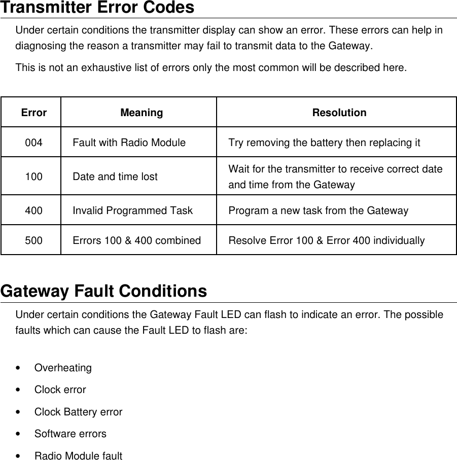 Transmitter Error CodesUnder certain conditions the transmitter display can show an error. These errors can help in diagnosing the reason a transmitter may fail to transmit data to the Gateway.This is not an exhaustive list of errors only the most common will be described here.Error Meaning Resolution004 Fault with Radio Module Try removing the battery then replacing it100 Date and time lost Wait for the transmitter to receive correct date and time from the Gateway400 Invalid Programmed Task Program a new task from the Gateway500 Errors 100 &amp; 400 combined Resolve Error 100 &amp; Error 400 individuallyGateway Fault ConditionsUnder certain conditions the Gateway Fault LED can flash to indicate an error. The possible faults which can cause the Fault LED to flash are:&bull;Overheating&bull;Clock error&bull;Clock Battery error&bull;Software errors&bull;Radio Module fault