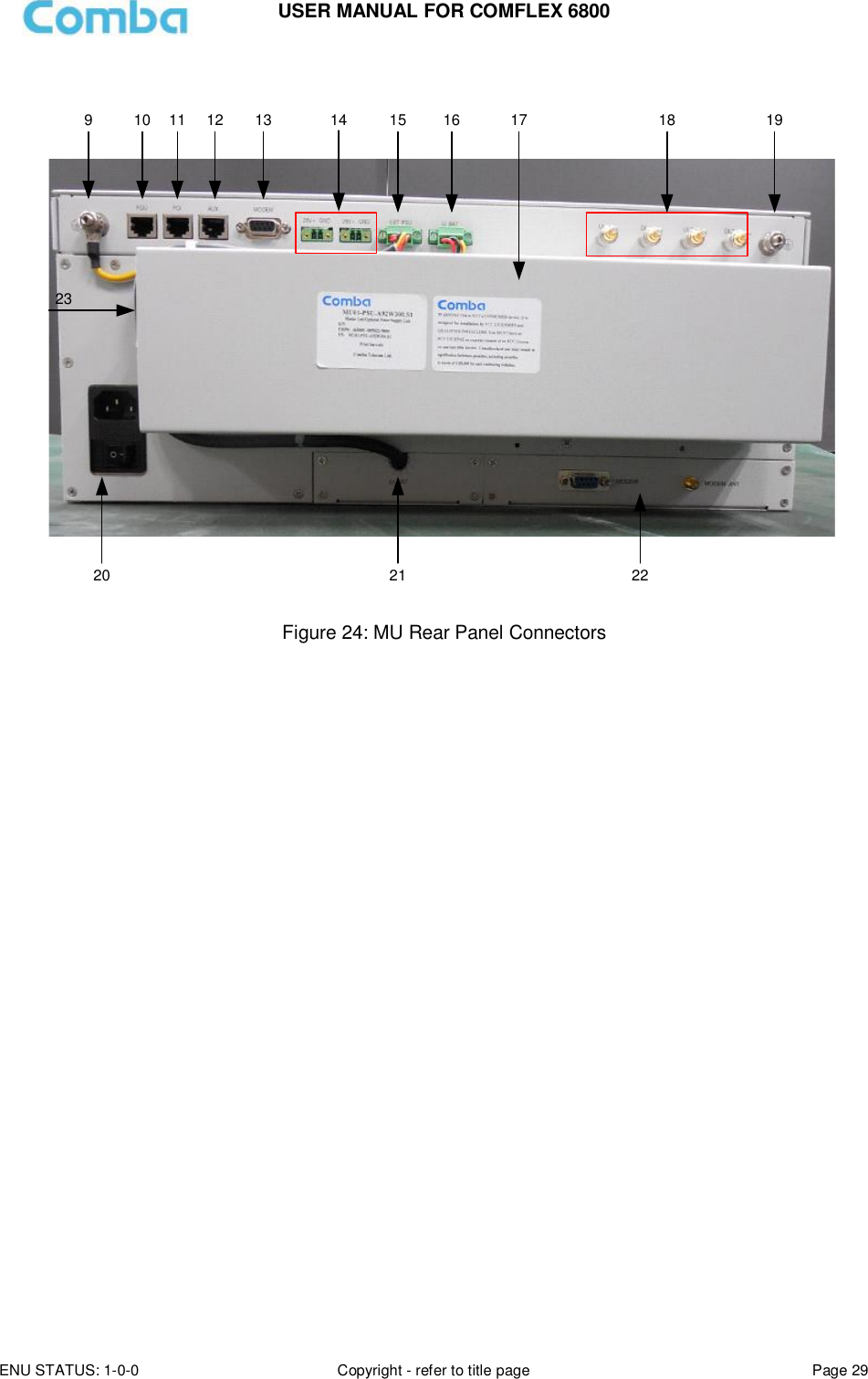 USER MANUAL FOR COMFLEX 6800 ENU STATUS: 1-0-0 Copyright - refer to title page Page 29    131211109 14 15 16 17 18 1920 21 2223 Figure 24: MU Rear Panel Connectors                               