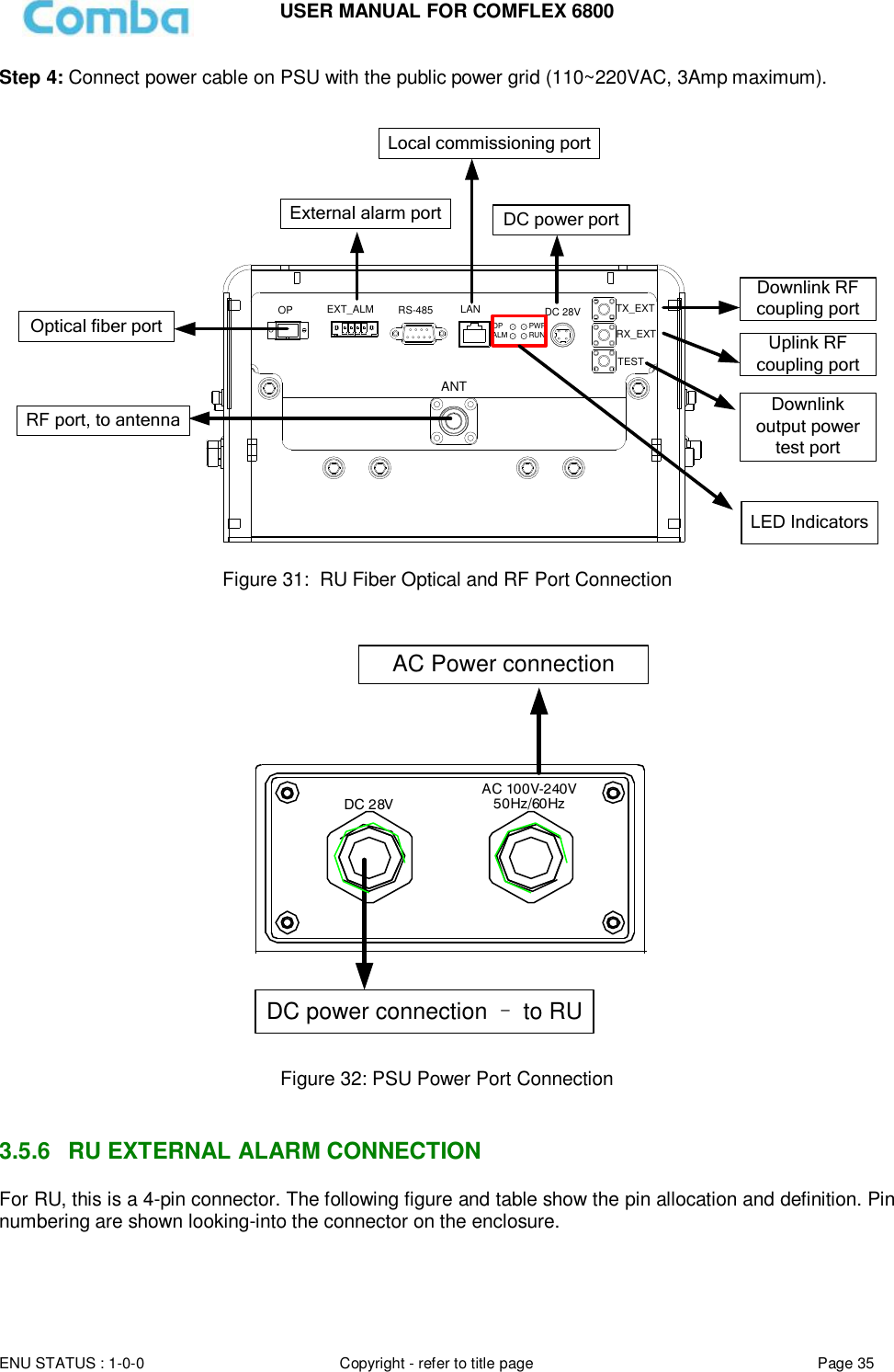 USER MANUAL FOR COMFLEX 6800  ENU STATUS : 1-0-0 Copyright - refer to title page Page 35     Step 4: Connect power cable on PSU with the public power grid (110~220VAC, 3Amp maximum).  ANTPWRRUNALMOPOP EXT_ALM RS-485 LAN DC 28V TX_EXTRX_EXTTESTOptical fiber portRF port, to antennaLocal commissioning portDC power portExternal alarm portDownlink RF coupling portUplink RF coupling portDownlink output power test portLED Indicators Figure 31:  RU Fiber Optical and RF Port Connection  DC power connection – to RU DC 28VAC 100V-240V50Hz/60HzAC Power connection Figure 32: PSU Power Port Connection   3.5.6  RU EXTERNAL ALARM CONNECTION  For RU, this is a 4-pin connector. The following figure and table show the pin allocation and definition. Pin numbering are shown looking-into the connector on the enclosure.  