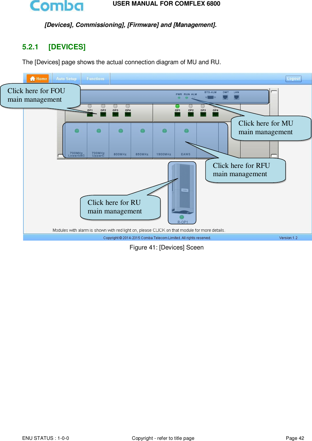 USER MANUAL FOR COMFLEX 6800  ENU STATUS : 1-0-0 Copyright - refer to title page Page 42     [Devices], Commissioning], [Firmware] and [Management].   5.2.1  [DEVICES] The [Devices] page shows the actual connection diagram of MU and RU.    Figure 41: [Devices] Sceen                         Click here for MU main management page Click here for RU main management page Click here for RFU main management page Click here for FOU main management page 
