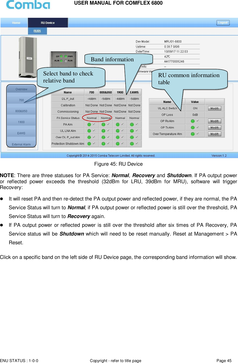 USER MANUAL FOR COMFLEX 6800  ENU STATUS : 1-0-0 Copyright - refer to title page Page 45      Figure 45: RU Device  NOTE: There are three statuses for PA Service: Normal, Recovery and Shutdown. If PA output power or  reflected  power  exceeds  the  threshold  (32dBm  for  LRU,  39dBm  for  MRU),  software  will  trigger Recovery:    It will reset PA and then re-detect the PA output power and reflected power, if they are normal, the PA Service Status will turn to Normal, if PA output power or reflected power is still over the threshold, PA Service Status will turn to Recovery again.  If PA output power or reflected power is still over the threshold after six times of PA Recovery, PA Service status will be Shutdown which will need to be reset manually. Reset at Management &gt; PA Reset.  Click on a specific band on the left side of RU Device page, the corresponding band information will show.  RU common information table Band information table Select band to check relative band information 