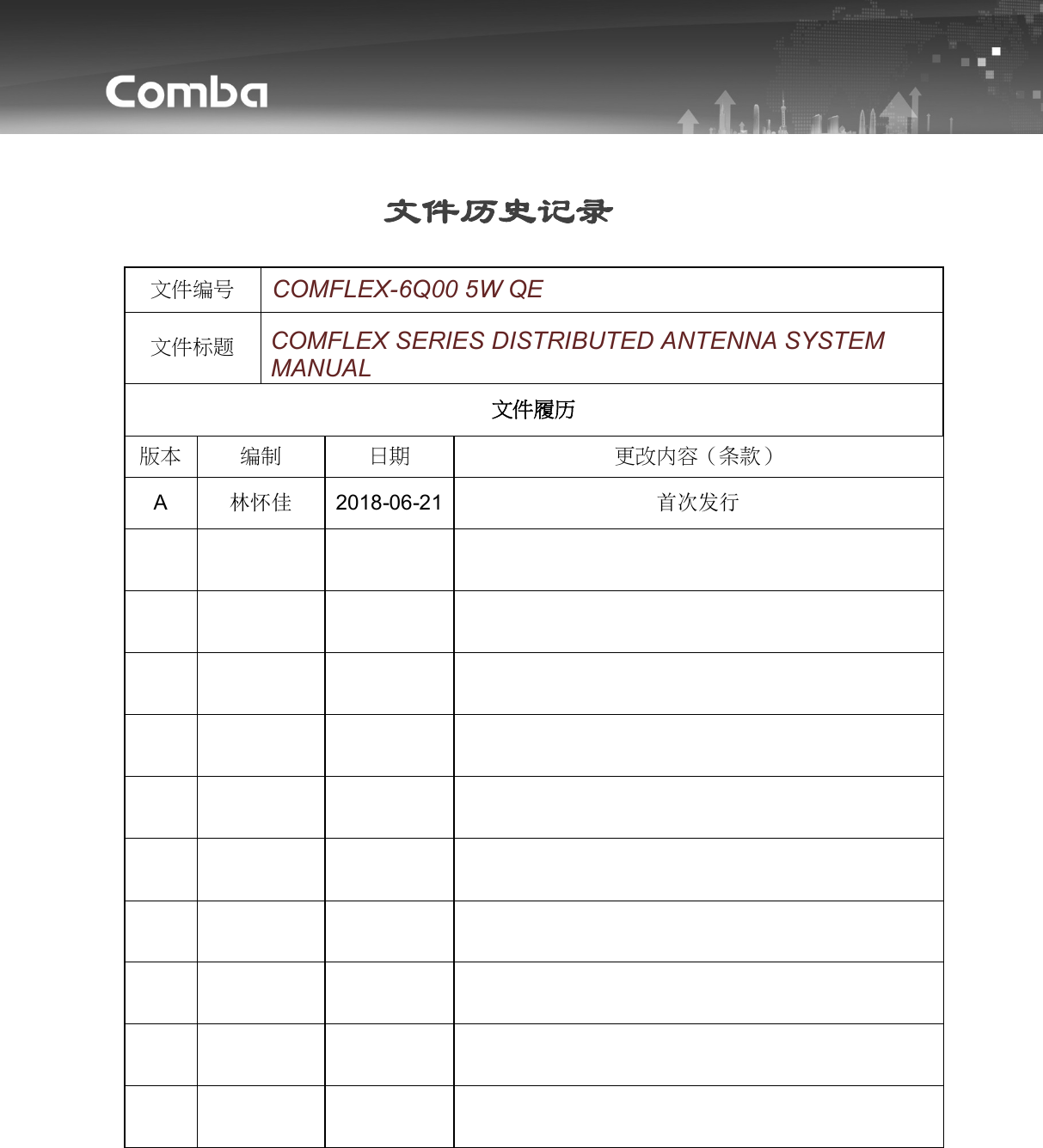USER MANUAL FOR COMFLEX-6Q00 5W          文件历史记录  文件编号 COMFLEX-6Q00 5W QE 文件标题 COMFLEX SERIES DISTRIBUTED ANTENNA SYSTEM MANUAL 文件履历 版本 编制 日期 更改内容（条款） A  林怀佳  2018-06-21 首次发行                                                                          