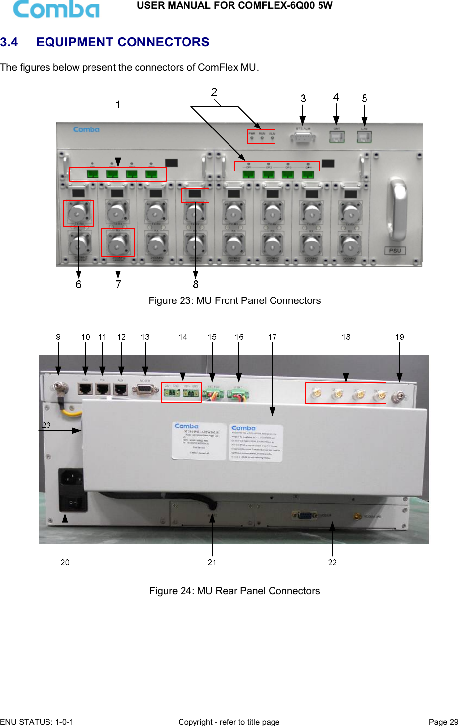 USER MANUAL FOR COMFLEX-6Q00 5W ENU STATUS: 1-0-1  Copyright - refer to title page  Page 29  3.4  EQUIPMENT CONNECTORS The figures below present the connectors of ComFlex MU.   Figure 23: MU Front Panel Connectors   Figure 24: MU Rear Panel Connectors       