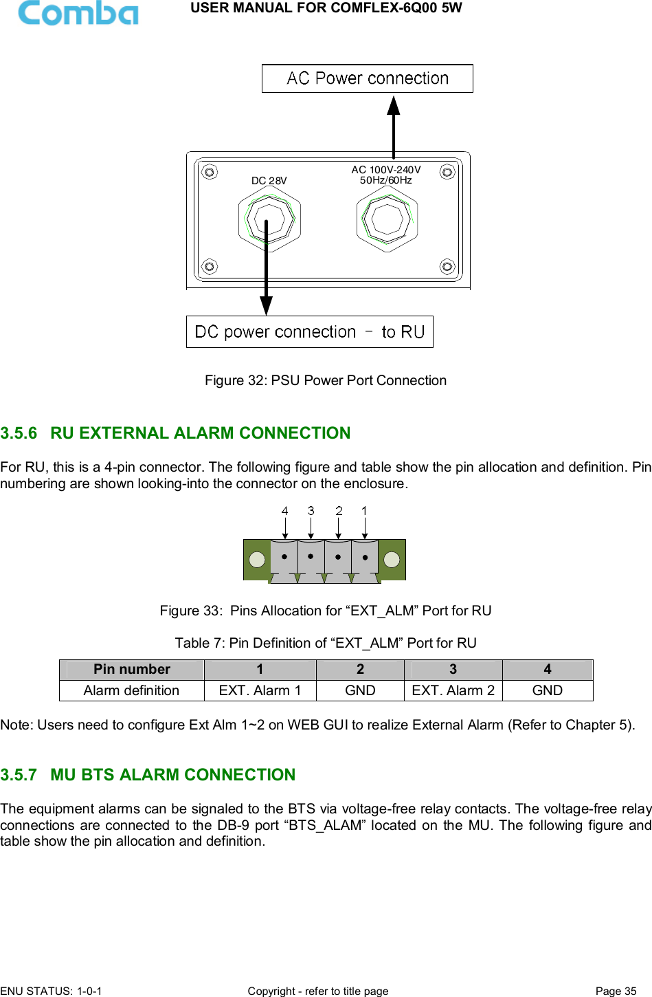 USER MANUAL FOR COMFLEX-6Q00 5W  ENU STATUS: 1-0-1  Copyright - refer to title page  Page 35       DC 28VAC 100V-240V50Hz/60Hz Figure 32: PSU Power Port Connection   3.5.6  RU EXTERNAL ALARM CONNECTION  For RU, this is a 4-pin connector. The following figure and table show the pin allocation and definition. Pin numbering are shown looking-into the connector on the enclosure.   Figure 33:  Pins Allocation for “EXT_ALM” Port for RU  Table 7: Pin Definition of “EXT_ALM” Port for RU Pin number  1  2  3  4 Alarm definition  EXT. Alarm 1  GND  EXT. Alarm 2 GND  Note: Users need to configure Ext Alm 1~2 on WEB GUI to realize External Alarm (Refer to Chapter 5).    3.5.7  MU BTS ALARM CONNECTION The equipment alarms can be signaled to the BTS via voltage-free relay contacts. The voltage-free relay connections  are connected to  the DB-9 port “BTS_ALAM” located on the  MU. The  following figure and table show the pin allocation and definition.   