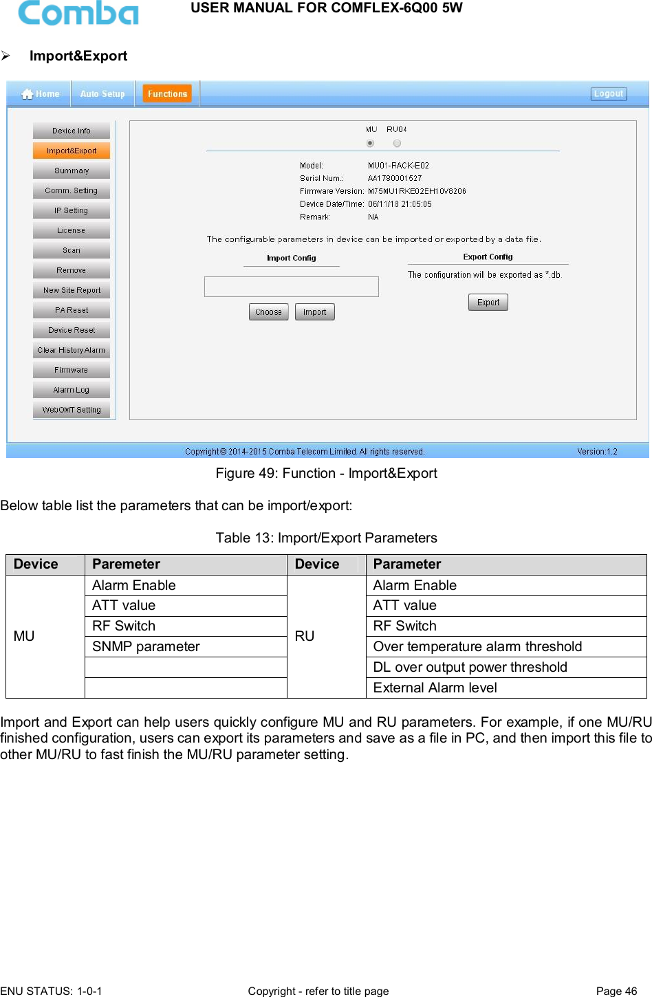 USER MANUAL FOR COMFLEX-6Q00 5W  ENU STATUS: 1-0-1  Copyright - refer to title page  Page 46       Import&amp;Export   Figure 49: Function - Import&amp;Export  Below table list the parameters that can be import/export:  Table 13: Import/Export Parameters Device  Paremeter  Device  Parameter MU Alarm Enable RU Alarm Enable ATT value  ATT value RF Switch  RF Switch SNMP parameter  Over temperature alarm threshold   DL over output power threshold   External Alarm level  Import and Export can help users quickly configure MU and RU parameters. For example, if one MU/RU finished configuration, users can export its parameters and save as a file in PC, and then import this file to other MU/RU to fast finish the MU/RU parameter setting.             