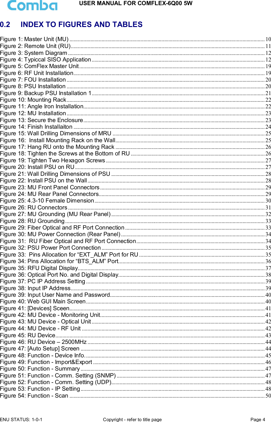 USER MANUAL FOR COMFLEX-6Q00 5W ENU STATUS: 1-0-1  Copyright - refer to title page  Page 4  0.2  INDEX TO FIGURES AND TABLES Figure 1: Master Unit (MU) ............................................................................................................................................ 10 Figure 2: Remote Unit (RU) ........................................................................................................................................... 11 Figure 3: System Diagram ............................................................................................................................................. 12 Figure 4: Typiccal SISO Application ............................................................................................................................ 12 Figure 5: ComFlex Master Unit ..................................................................................................................................... 19 Figure 6: RF Unit Installation ......................................................................................................................................... 19 Figure 7: FOU Installation .............................................................................................................................................. 20 Figure 8: PSU Installation .............................................................................................................................................. 20 Figure 9: Backup PSU Installation 1 ............................................................................................................................ 21 Figure 10: Mounting Rack .............................................................................................................................................. 22 Figure 11: Angle Iron Installation.................................................................................................................................. 22 Figure 12: MU Installation .............................................................................................................................................. 23 Figure 13: Secure the Enclosure .................................................................................................................................. 23 Figure 14: Finish Installaiton ......................................................................................................................................... 24 Figure 15: Wall Drilling Dimensions of MRU ............................................................................................................. 25 Figure 16:  Install Mounting Rack on the Wall ........................................................................................................... 25 Figure 17: Hang RU onto the Mounting Rack ........................................................................................................... 26 Figure 18: Tighten the Screws at the Bottom of RU ................................................................................................ 26 Figure 19: Tighten Two Hexagon Screws .................................................................................................................. 27 Figure 20: Install PSU on RU ........................................................................................................................................ 27 Figure 21: Wall Drilling Dimensions of PSU .............................................................................................................. 28 Figure 22: Install PSU on the Wall ............................................................................................................................... 28 Figure 23: MU Front Panel Connectors ...................................................................................................................... 29 Figure 24: MU Rear Panel Connectors ....................................................................................................................... 29 Figure 25: 4.3-10 Female Dimension .......................................................................................................................... 30 Figure 26: RU Connectors ............................................................................................................................................. 31 Figure 27: MU Grounding (MU Rear Panel) .............................................................................................................. 32 Figure 28: RU Grounding ............................................................................................................................................... 33 Figure 29: Fiber Optical and RF Port Connection .................................................................................................... 33 Figure 30: MU Power Connection (Rear Panel) ....................................................................................................... 34 Figure 31:  RU Fiber Optical and RF Port Connection ............................................................................................ 34 Figure 32: PSU Power Port Connection ..................................................................................................................... 35 Figure 33:  Pins Allocation for “EXT_ALM” Port for RU .......................................................................................... 35 Figure 34: Pins Allocation for “BTS_ALM” Port......................................................................................................... 36 Figure 35: RFU Digital Display...................................................................................................................................... 37 Figure 36: Optical Port No. and Digital Display......................................................................................................... 38 Figure 37: PC IP Address Setting ................................................................................................................................ 39 Figure 38: Input IP Address ........................................................................................................................................... 39 Figure 39: Input User Name and Password............................................................................................................... 40 Figure 40: Web GUI Main Screen ................................................................................................................................ 40 Figure 41: [Devices] Sceen............................................................................................................................................ 41 Figure 42: MU Device - Monitoring Unit...................................................................................................................... 41 Figure 43: MU Device - Optical Unit ............................................................................................................................ 42 Figure 44: MU Device - RF Unit ................................................................................................................................... 42 Figure 45: RU Device ...................................................................................................................................................... 43 Figure 46: RU Device – 2500MHz ............................................................................................................................... 44 Figure 47: [Auto Setup] Screen .................................................................................................................................... 44 Figure 48: Function - Device Info. ................................................................................................................................ 45 Figure 49: Function - Import&amp;Export ........................................................................................................................... 46 Figure 50: Function - Summary .................................................................................................................................... 47 Figure 51: Function - Comm. Setting (SNMP) .......................................................................................................... 47 Figure 52: Function - Comm. Setting (UDP) .............................................................................................................. 48 Figure 53: Function - IP Setting .................................................................................................................................... 48 Figure 54: Function - Scan ............................................................................................................................................ 50 