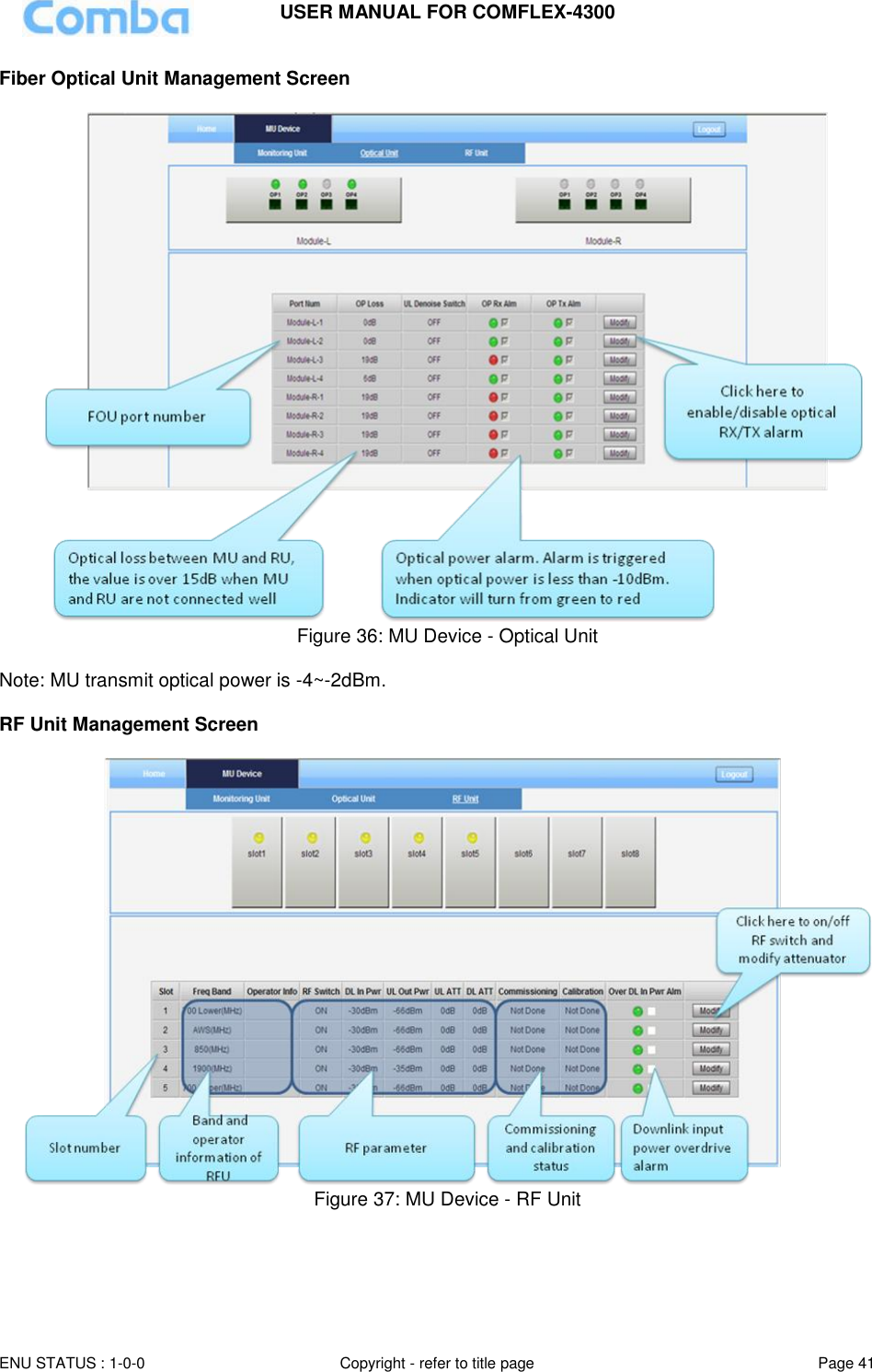 USER MANUAL FOR COMFLEX-4300  ENU STATUS : 1-0-0 Copyright - refer to title page Page 41     Fiber Optical Unit Management Screen   Figure 36: MU Device - Optical Unit  Note: MU transmit optical power is -4~-2dBm.   RF Unit Management Screen    Figure 37: MU Device - RF Unit     