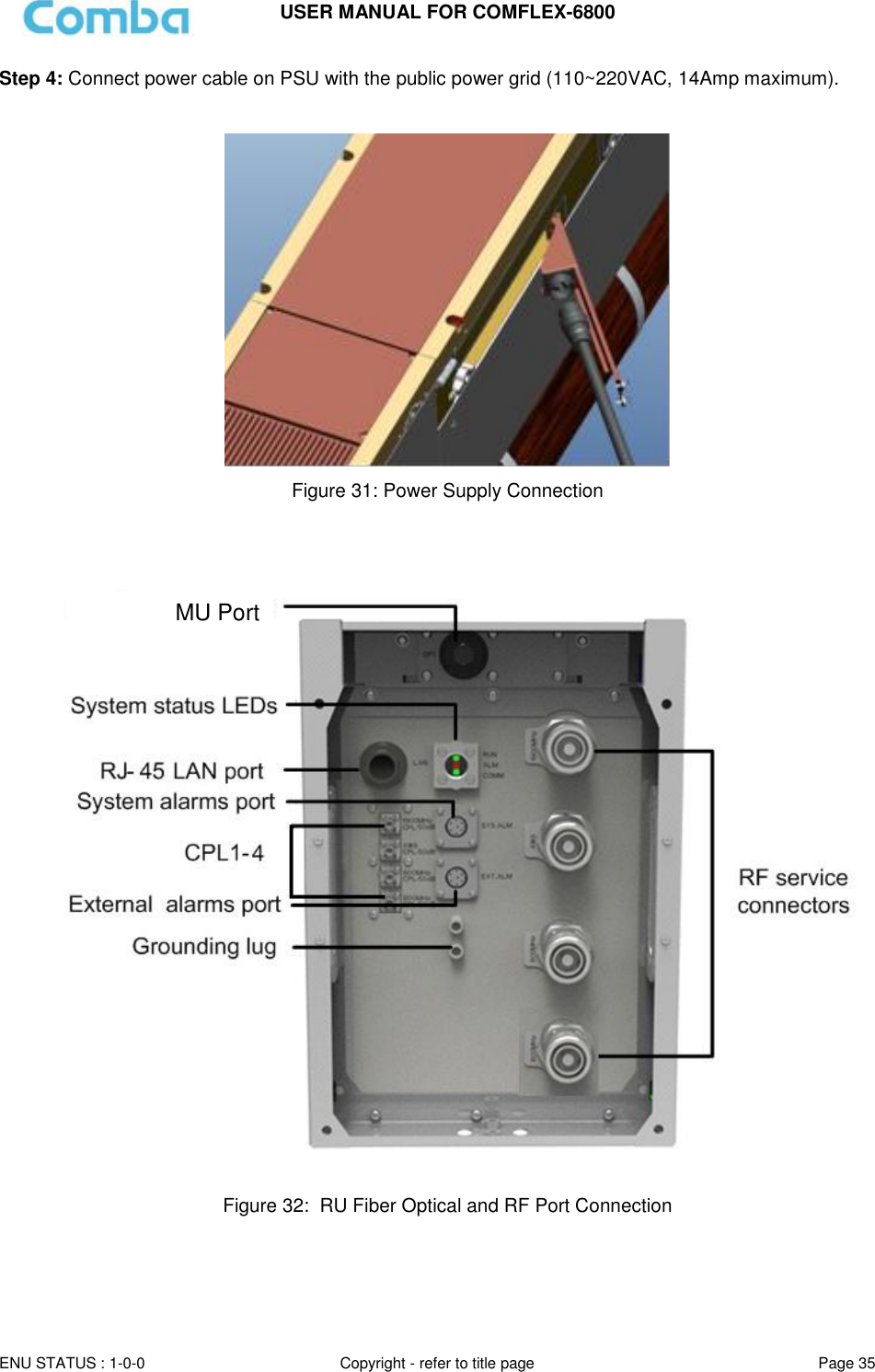 USER MANUAL FOR COMFLEX-6800   ENU STATUS : 1-0-0 Copyright - refer to title page Page 35     Step 4: Connect power cable on PSU with the public power grid (110~220VAC, 14Amp maximum).    Figure 31: Power Supply Connection       Figure 32:  RU Fiber Optical and RF Port Connection    MU Port 