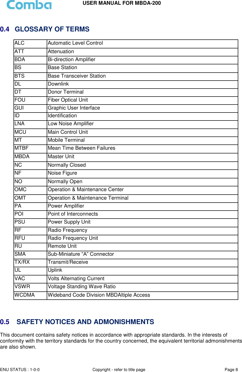 USER MANUAL FOR MBDA-200  ENU STATUS : 1-0-0 Copyright - refer to title page Page 8      0.4 GLOSSARY OF TERMS ALC   Automatic Level Control ATT   Attenuation   BDA Bi-direction Amplifier BS   Base Station   BTS   Base Transceiver Station   DL   Downlink   DT  Donor Terminal   FOU Fiber Optical Unit GUI Graphic User Interface ID   Identification LNA   Low Noise Amplifier   MCU   Main Control Unit MT   Mobile Terminal   MTBF   Mean Time Between Failures   MBDA Master Unit NC   Normally Closed   NF   Noise Figure   NO   Normally Open   OMC   Operation &amp; Maintenance Center   OMT   Operation &amp; Maintenance Terminal   PA  Power Amplifier   POI Point of Interconnects PSU   Power Supply Unit   RF  Radio Frequency   RFU  Radio Frequency Unit  RU Remote Unit SMA   Sub-Miniature “A” Connector TX/RX Transmit/Receive UL   Uplink   VAC   Volts Alternating Current   VSWR   Voltage Standing Wave Ratio   WCDMA Wideband Code Division MBDAltiple Access    0.5  SAFETY NOTICES AND ADMONISHMENTS This document contains safety notices in accordance with appropriate standards. In the interests of conformity with the territory standards for the country concerned, the equivalent territorial admonishments are also shown.  