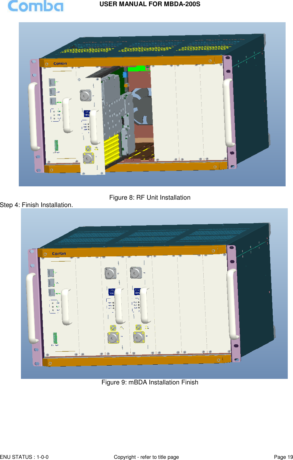 USER MANUAL FOR MBDA-200S  ENU STATUS : 1-0-0 Copyright - refer to title page Page 19                 Figure 8: RF Unit Installation Step 4: Finish Installation.             Figure 9: mBDA Installation Finish    