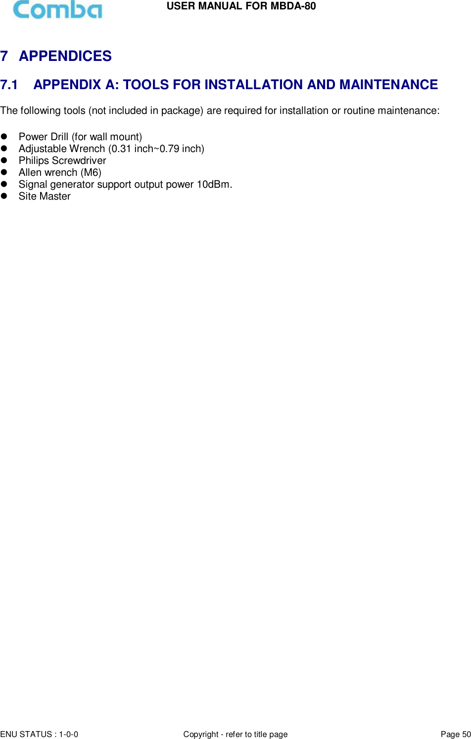 Page 50 of Comba Telecom Network Systems MBDA-80 mBDA Band Seletive Repeater User Manual 