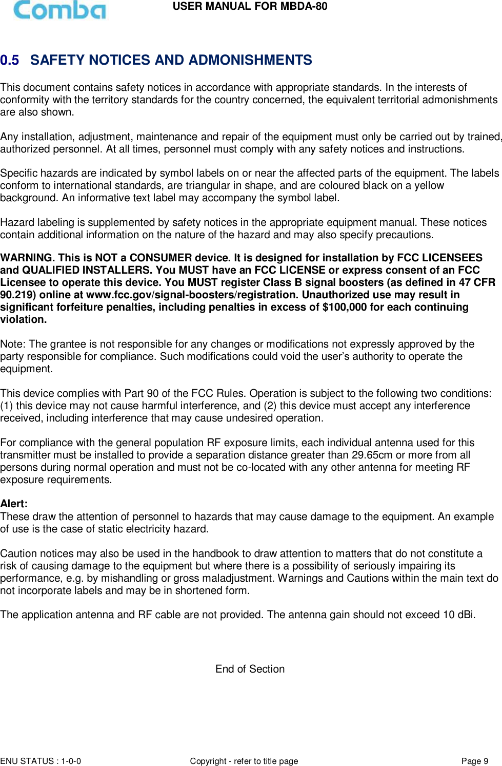 Page 9 of Comba Telecom Network Systems MBDA-80 mBDA Band Seletive Repeater User Manual 
