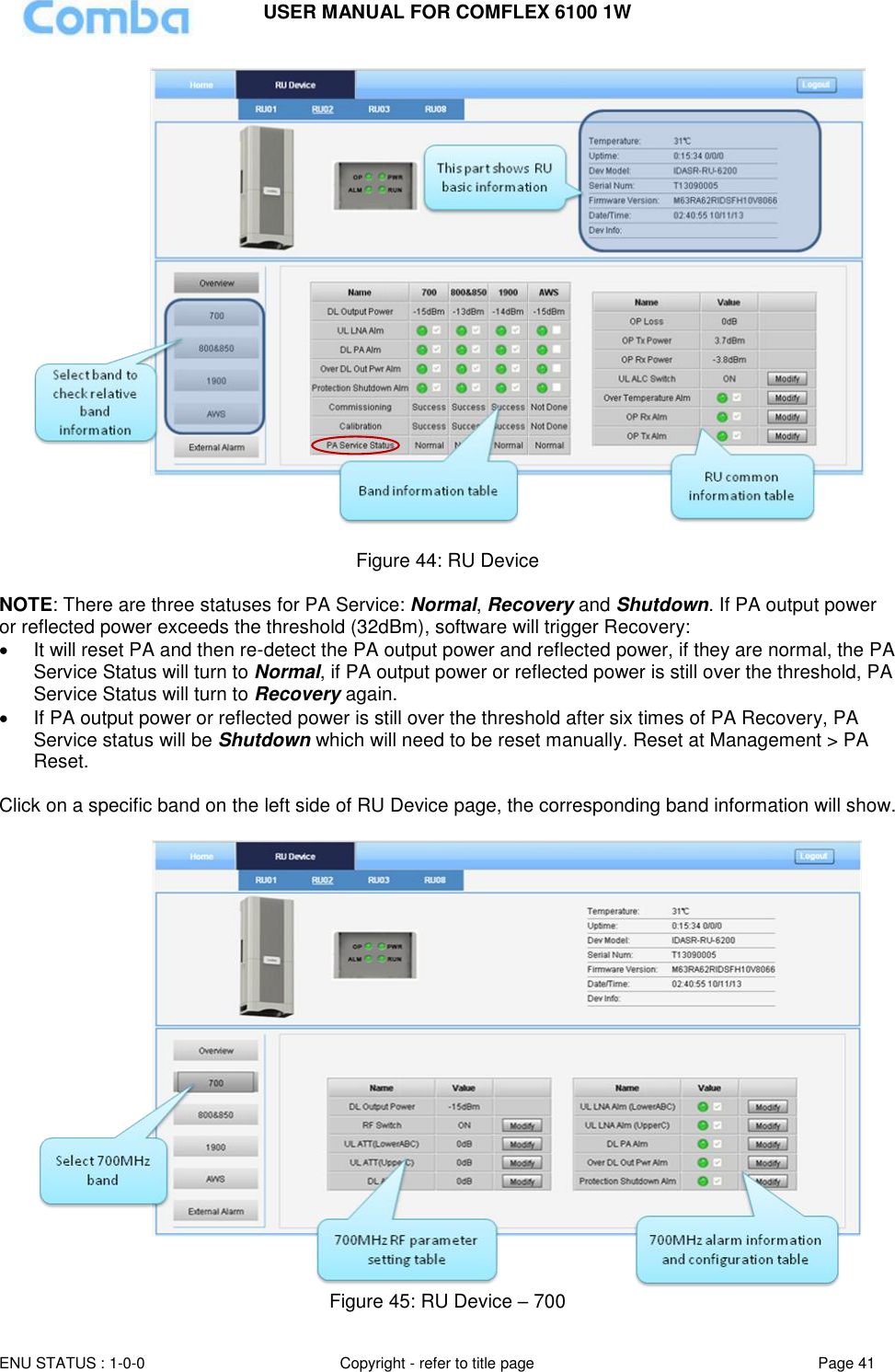 USER MANUAL FOR COMFLEX 6100 1W  ENU STATUS : 1-0-0 Copyright - refer to title page Page 41       Figure 44: RU Device  NOTE: There are three statuses for PA Service: Normal, Recovery and Shutdown. If PA output power or reflected power exceeds the threshold (32dBm), software will trigger Recovery:    It will reset PA and then re-detect the PA output power and reflected power, if they are normal, the PA Service Status will turn to Normal, if PA output power or reflected power is still over the threshold, PA Service Status will turn to Recovery again.   If PA output power or reflected power is still over the threshold after six times of PA Recovery, PA Service status will be Shutdown which will need to be reset manually. Reset at Management &gt; PA Reset.  Click on a specific band on the left side of RU Device page, the corresponding band information will show.   Figure 45: RU Device – 700 