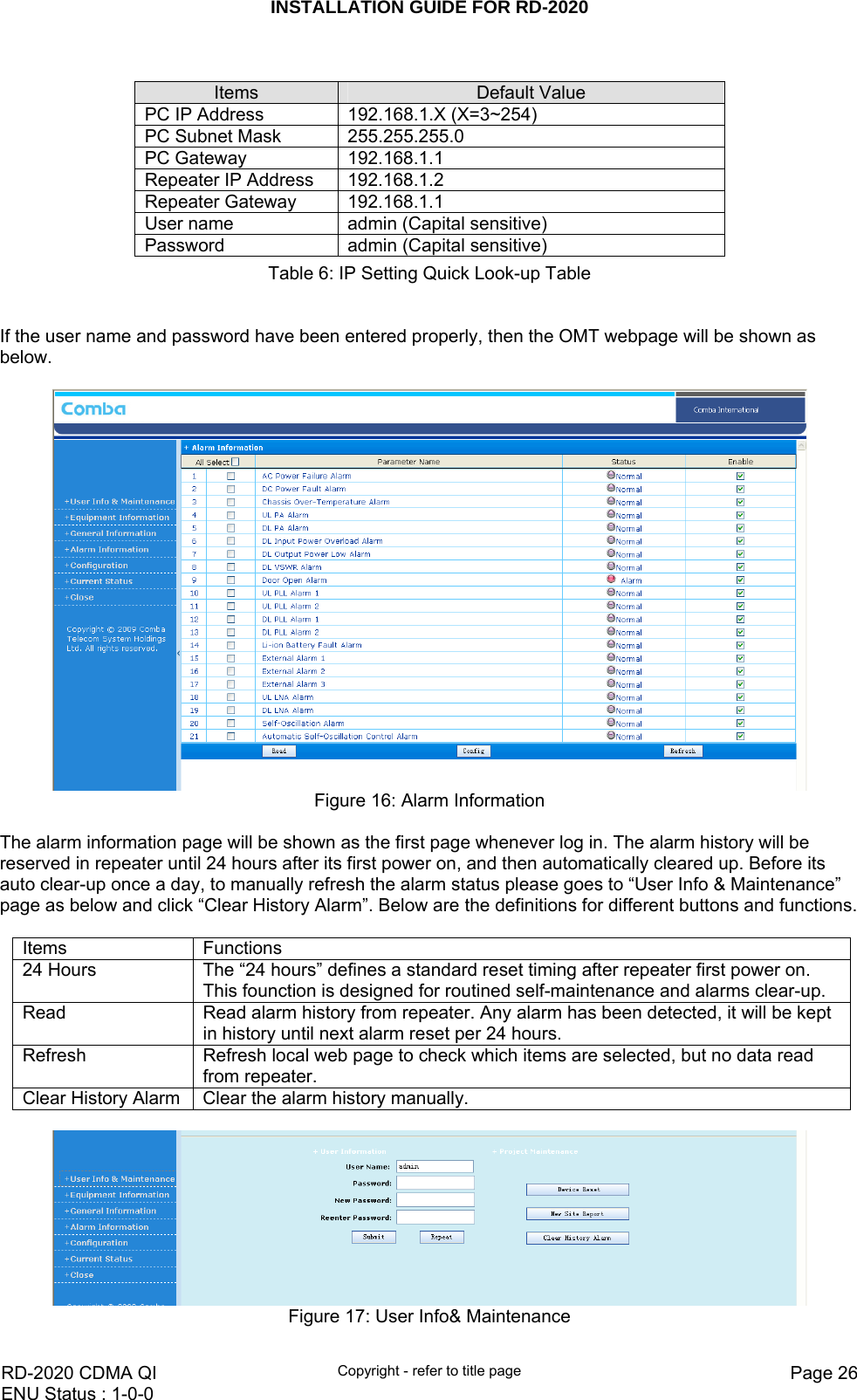 INSTALLATION GUIDE FOR RD-2020    RD-2020 CDMA QI  Copyright - refer to title page  Page 26ENU Status : 1-0-0     Items  Default Value PC IP Address  192.168.1.X (X=3~254) PC Subnet Mask  255.255.255.0 PC Gateway  192.168.1.1 Repeater IP Address  192.168.1.2 Repeater Gateway  192.168.1.1 User name  admin (Capital sensitive) Password  admin (Capital sensitive) Table 6: IP Setting Quick Look-up Table   If the user name and password have been entered properly, then the OMT webpage will be shown as below.       Figure 16: Alarm Information  The alarm information page will be shown as the first page whenever log in. The alarm history will be reserved in repeater until 24 hours after its first power on, and then automatically cleared up. Before its auto clear-up once a day, to manually refresh the alarm status please goes to “User Info &amp; Maintenance” page as below and click “Clear History Alarm”. Below are the definitions for different buttons and functions.    Items Functions 24 Hours  The “24 hours” defines a standard reset timing after repeater first power on. This founction is designed for routined self-maintenance and alarms clear-up.  Read  Read alarm history from repeater. Any alarm has been detected, it will be kept in history until next alarm reset per 24 hours.  Refresh  Refresh local web page to check which items are selected, but no data read from repeater.  Clear History Alarm  Clear the alarm history manually.    Figure 17: User Info&amp; Maintenance 