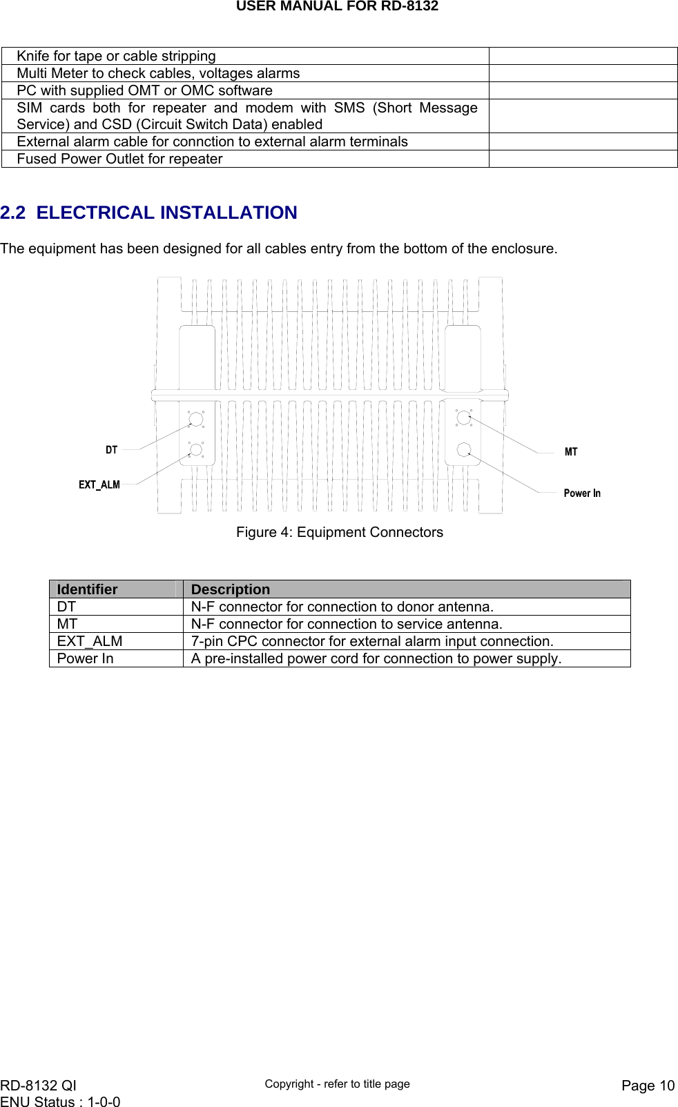 USER MANUAL FOR RD-8132    RD-8132 QI  Copyright - refer to title page  Page 10ENU Status : 1-0-0    Knife for tape or cable stripping   Multi Meter to check cables, voltages alarms   PC with supplied OMT or OMC software   SIM cards both for repeater and modem with SMS (Short Message Service) and CSD (Circuit Switch Data) enabled   External alarm cable for connction to external alarm terminals   Fused Power Outlet for repeater     2.2 ELECTRICAL INSTALLATION The equipment has been designed for all cables entry from the bottom of the enclosure.       Figure 4: Equipment Connectors   Identifier  Description DT  N-F connector for connection to donor antenna. MT  N-F connector for connection to service antenna. EXT_ALM  7-pin CPC connector for external alarm input connection.  Power In  A pre-installed power cord for connection to power supply.    