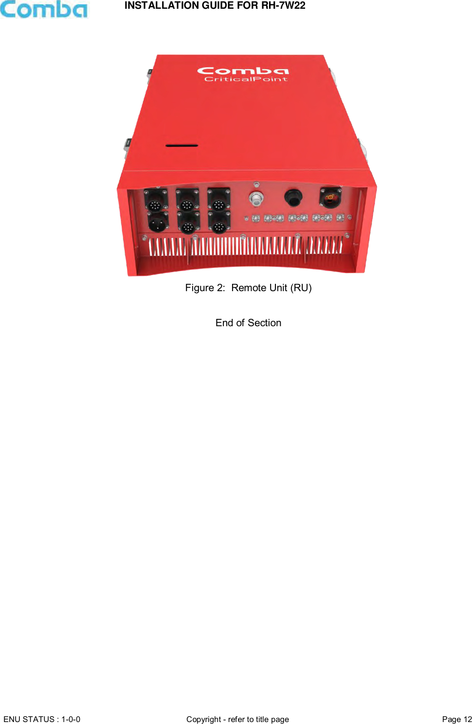 INSTALLATION GUIDE FOR RH-7W22  ENU STATUS : 1-0-0 Copyright - refer to title page Page 12       Figure 2:  Remote Unit (RU)   End of Section    