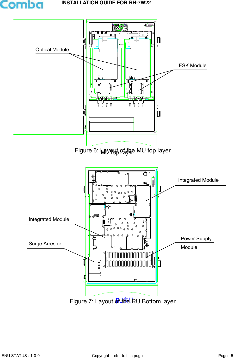 INSTALLATION GUIDE FOR RH-7W22  ENU STATUS : 1-0-0 Copyright - refer to title page Page 15     MU Top Layer Figure 6: Layout of the MU top layer   RU底层 Figure 7: Layout of the RU Bottom layer Optical Module FSK Module Integrated Module Integrated Module Power Supply Module Surge Arrestor 