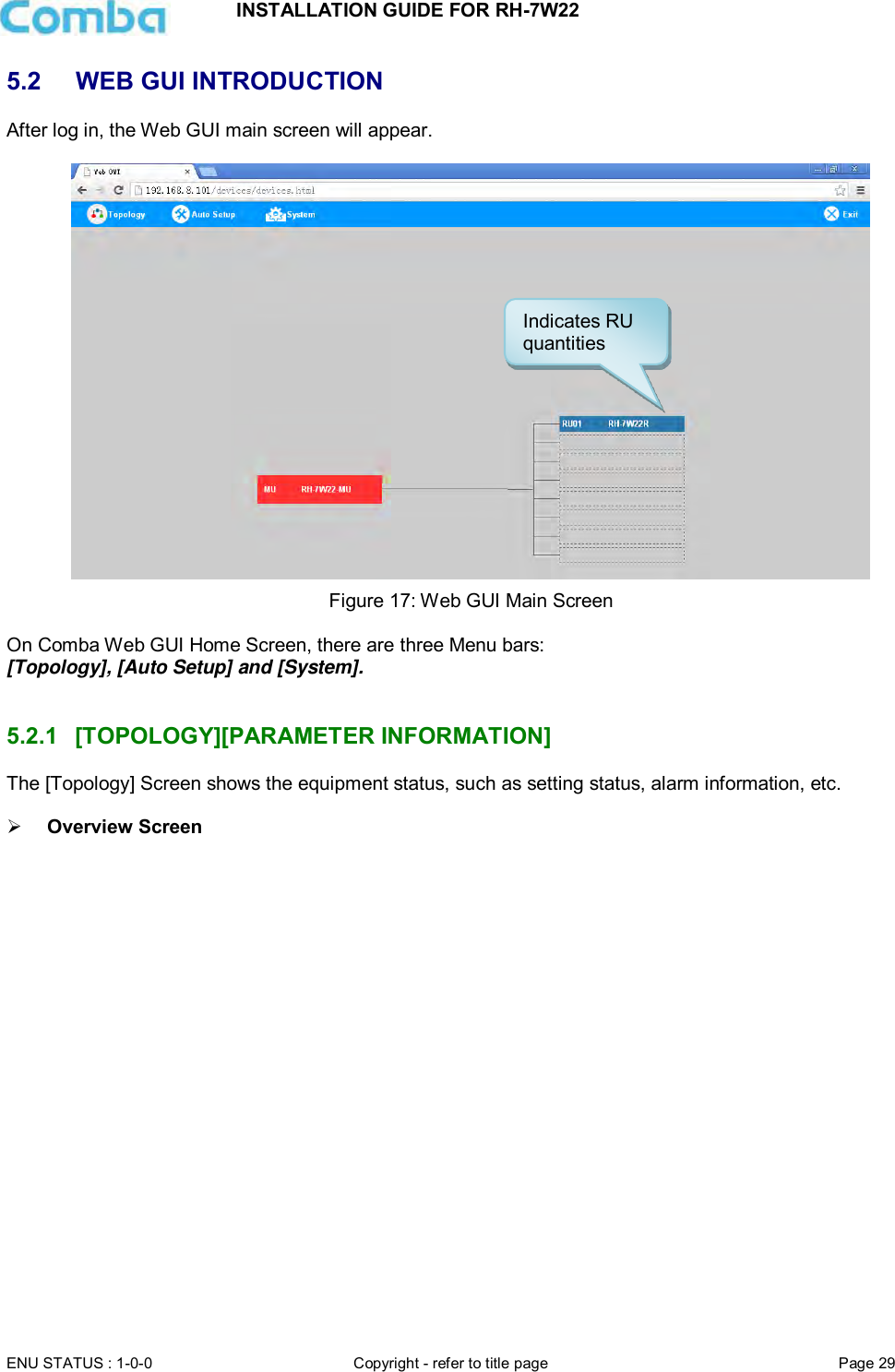 INSTALLATION GUIDE FOR RH-7W22  ENU STATUS : 1-0-0 Copyright - refer to title page Page 29     5.2  WEB GUI INTRODUCTION After log in, the Web GUI main screen will appear.   Figure 17: Web GUI Main Screen  On Comba Web GUI Home Screen, there are three Menu bars:  [Topology], [Auto Setup] and [System].   5.2.1  [TOPOLOGY][PARAMETER INFORMATION] The [Topology] Screen shows the equipment status, such as setting status, alarm information, etc.   Overview Screen Indicates RU quantities 