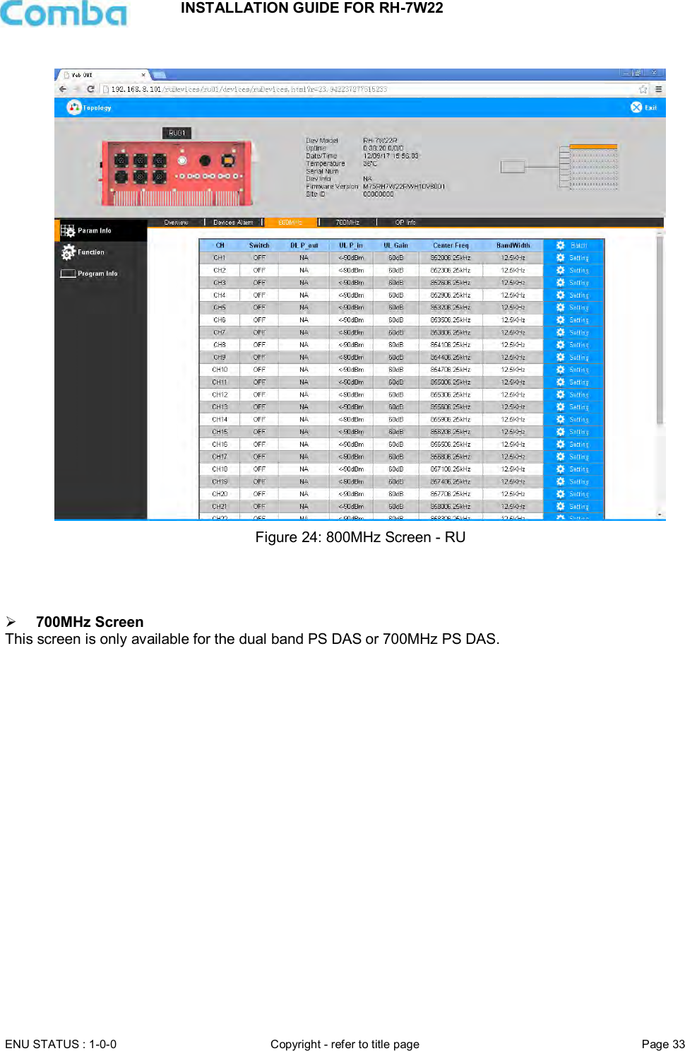 INSTALLATION GUIDE FOR RH-7W22  ENU STATUS : 1-0-0 Copyright - refer to title page Page 33       Figure 24: 800MHz Screen - RU      700MHz Screen This screen is only available for the dual band PS DAS or 700MHz PS DAS. 