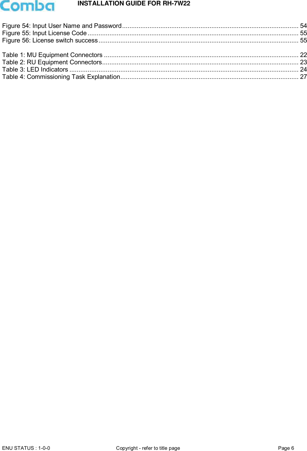 INSTALLATION GUIDE FOR RH-7W22  ENU STATUS : 1-0-0 Copyright - refer to title page Page 6     Figure 54: Input User Name and Password ................................................................................................. 54 Figure 55: Input License Code .................................................................................................................... 55 Figure 56: License switch success .............................................................................................................. 55  Table 1: MU Equipment Connectors ........................................................................................................... 22 Table 2: RU Equipment Connectors ............................................................................................................ 23 Table 3: LED Indicators .............................................................................................................................. 24 Table 4: Commissioning Task Explanation .................................................................................................. 27    